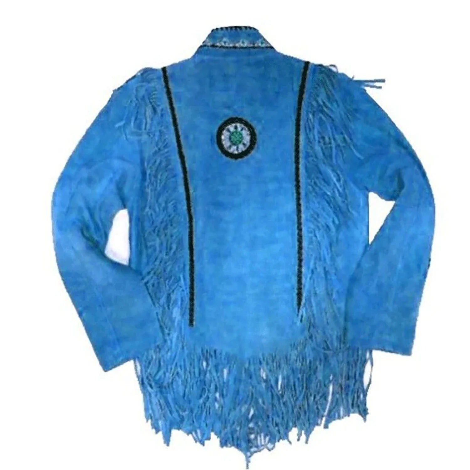 Worn styled look showing the blue suede leather fringe jacket with beaded detailing