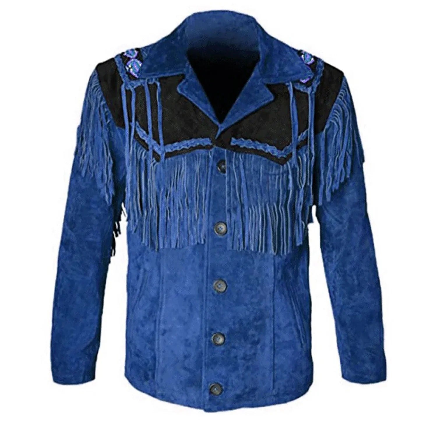The blue suede leather fringe jacket with beaded detailing, pictured from the side