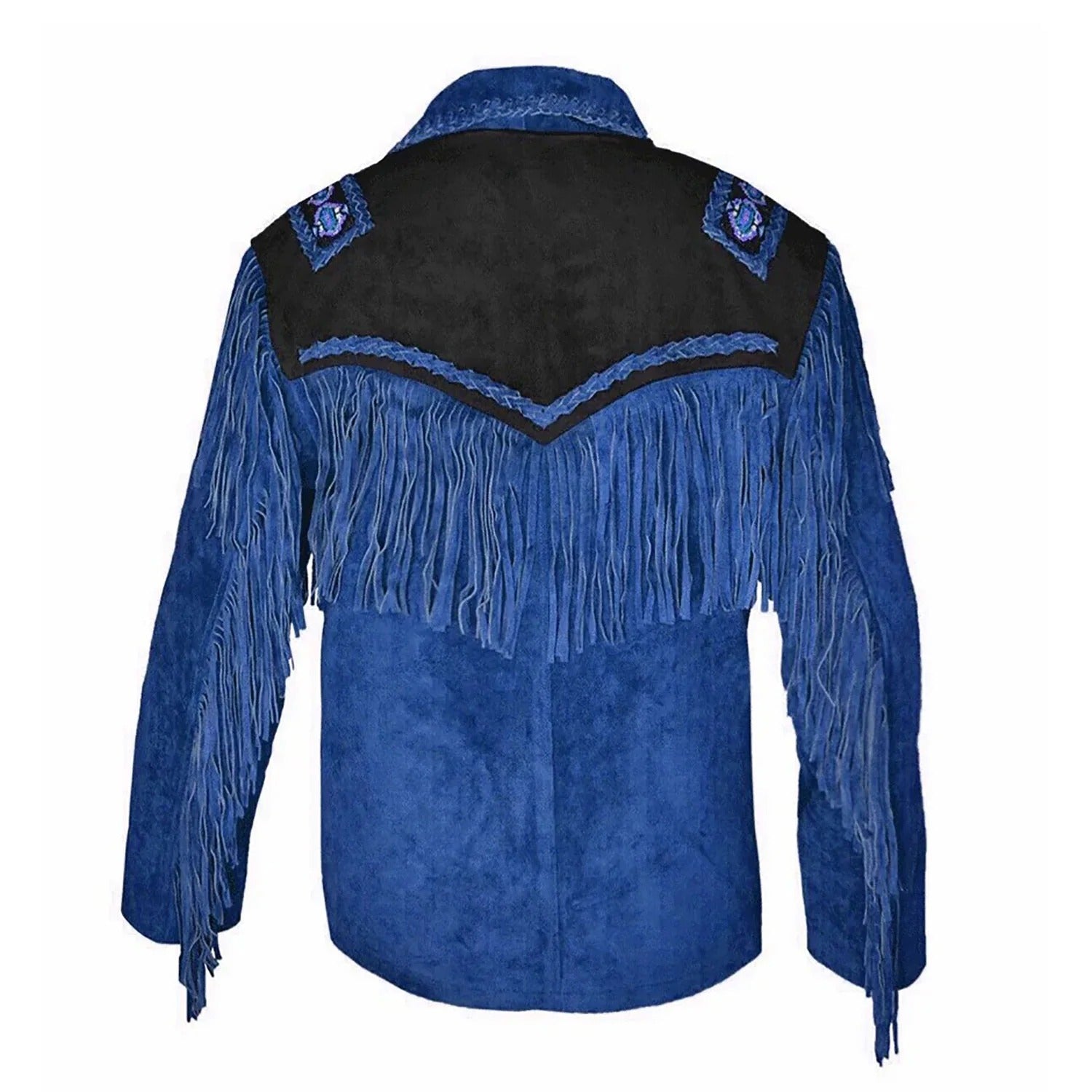 The blue suede leather fringe jacket with beaded detailing, pictured from the back