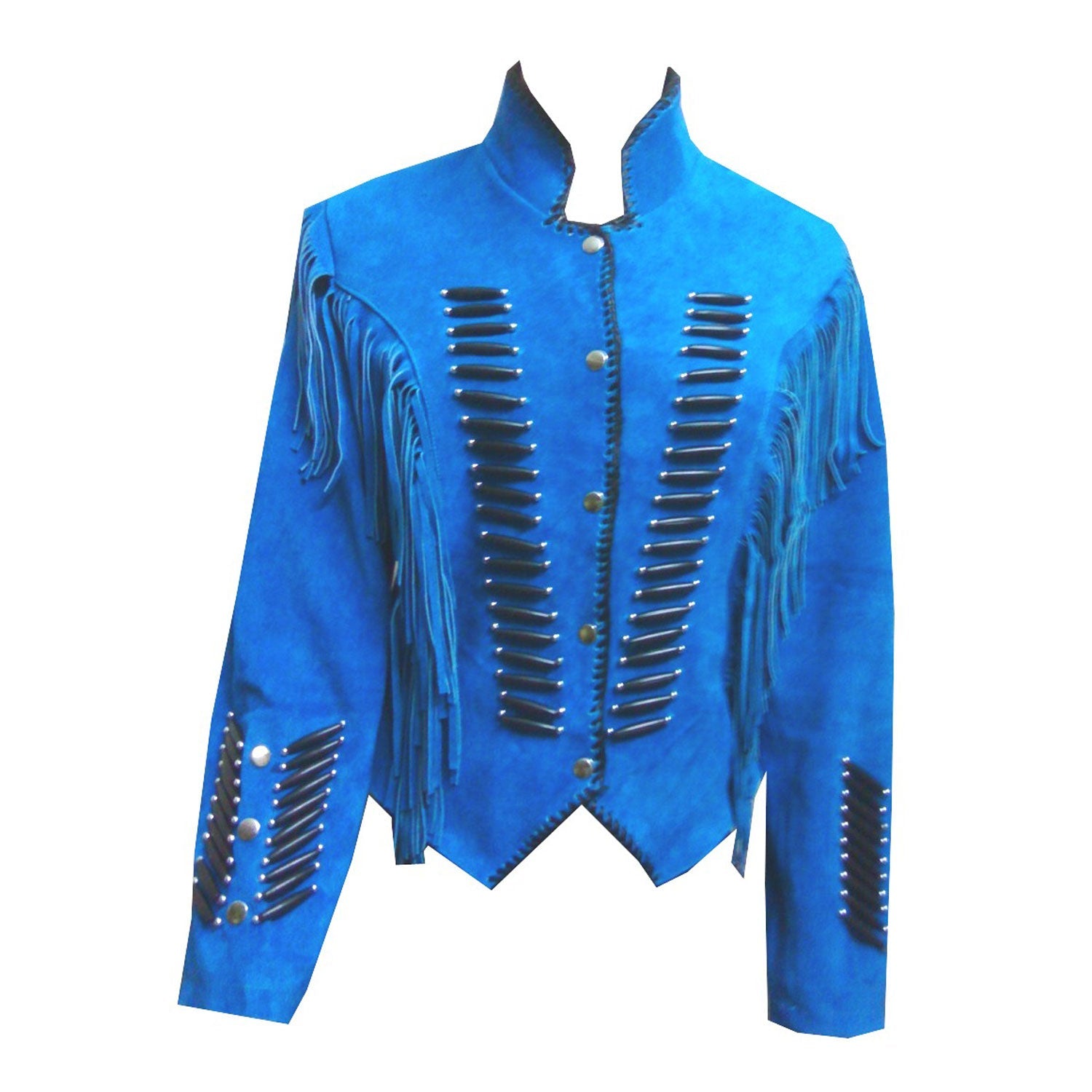 Blue suede leather fringe jacket with bone-work trim, front view