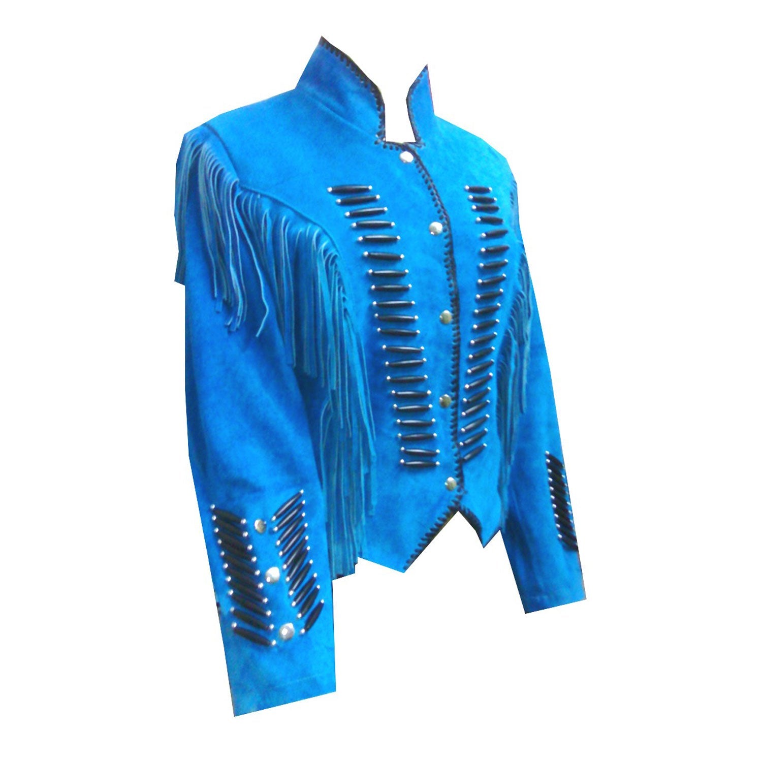 Blue suede leather fringe jacket with bone-work trim, side profile