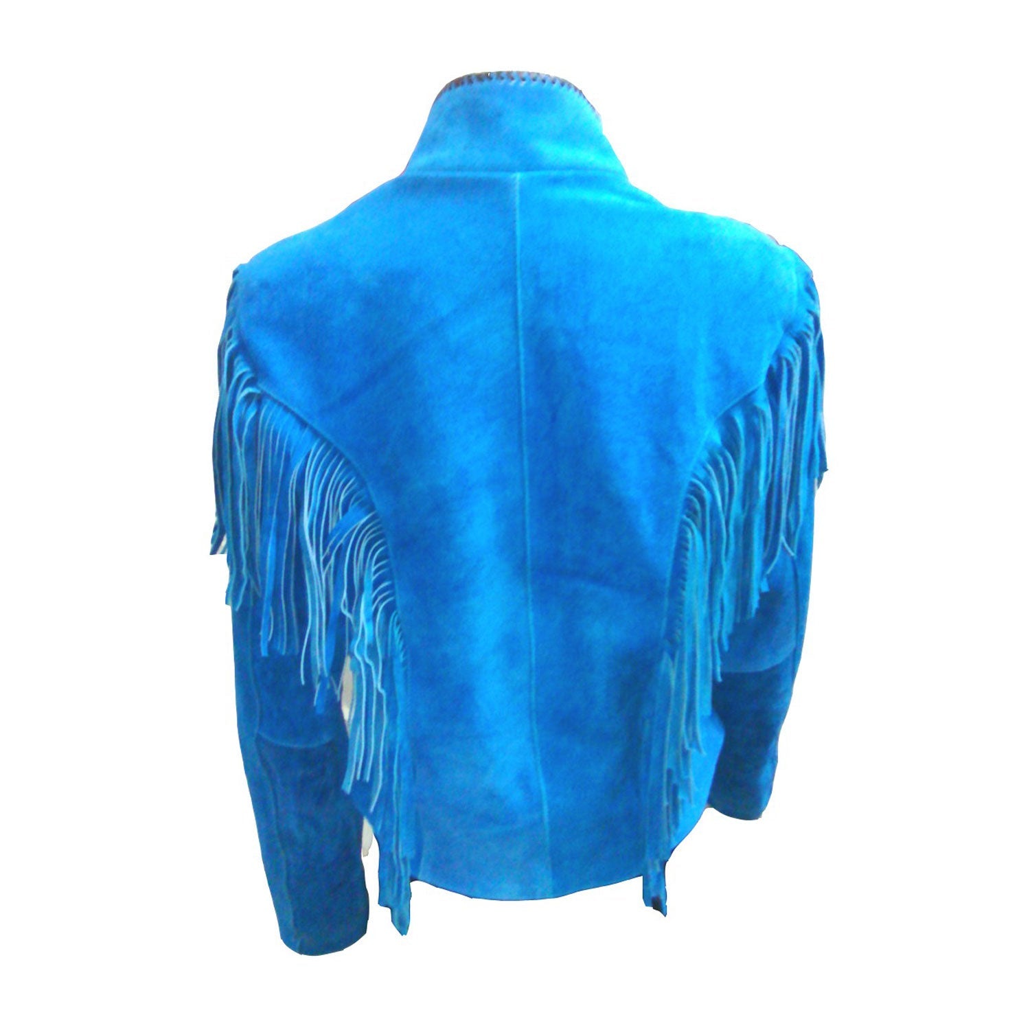 Blue suede leather fringe jacket with bone-work trim, back view