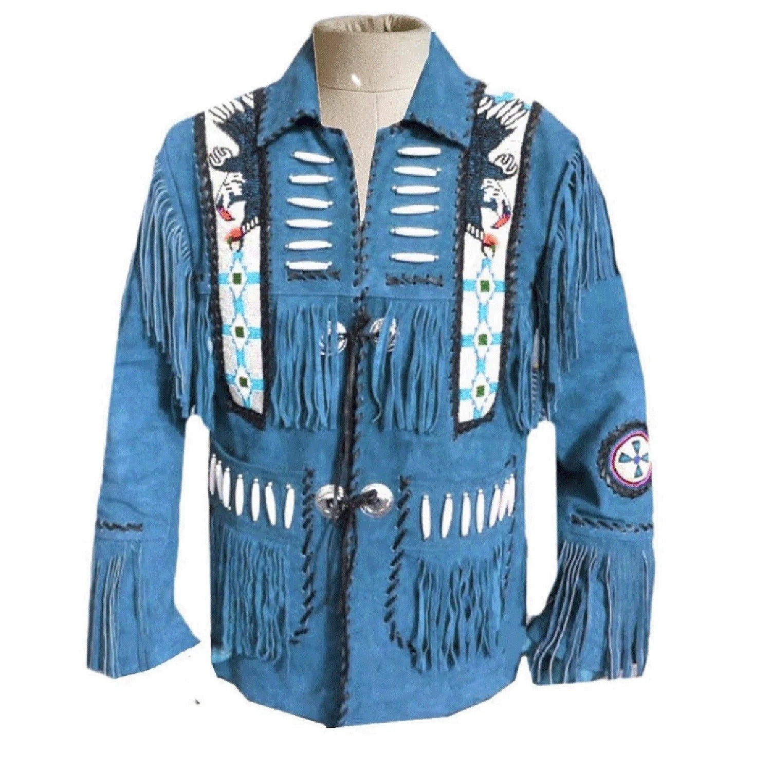 Detail shot of the blue suede leather fringe jacket with eagle beadwork for men