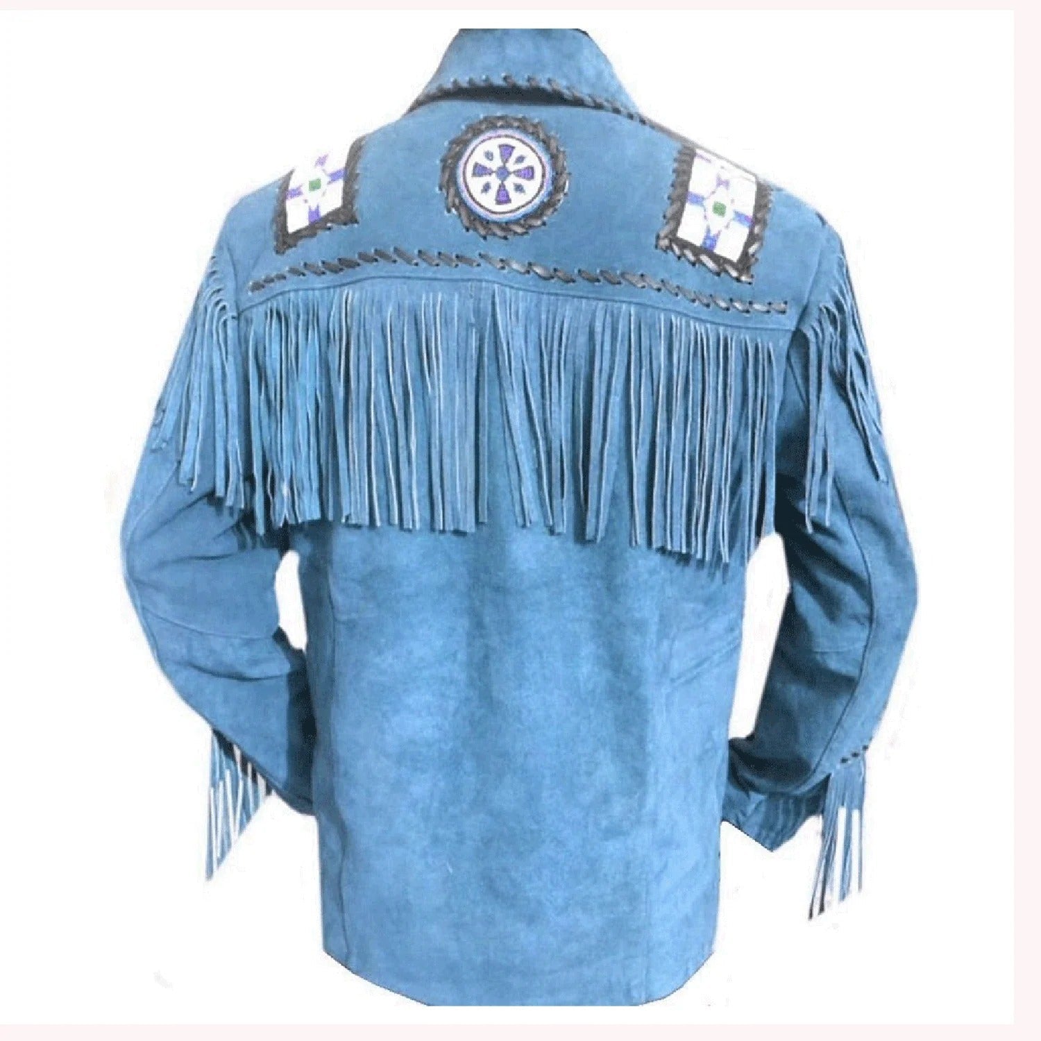 Front view of the blue suede leather fringe jacket with beaded detailing for men