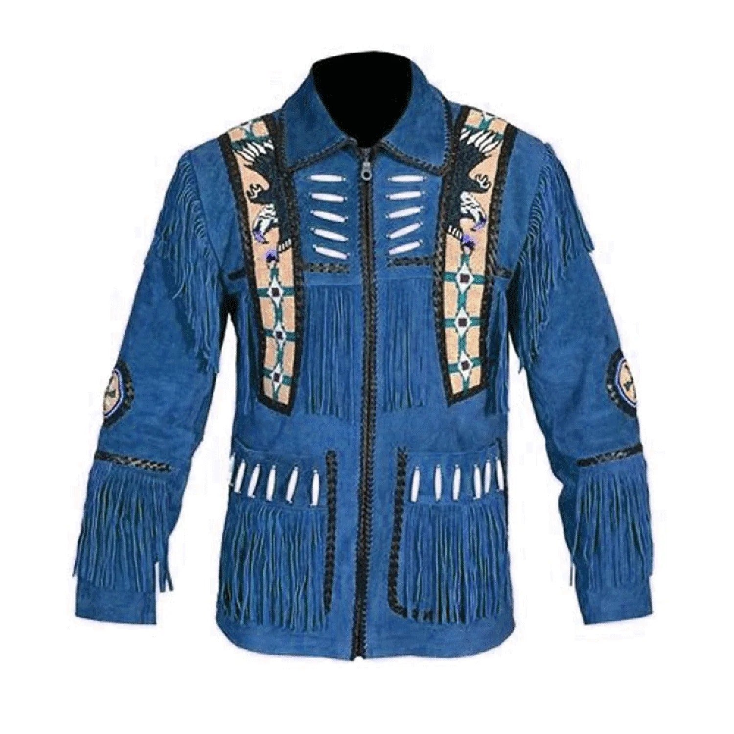 Full display showing the blue suede leather fringe jacket with eagle beadwork