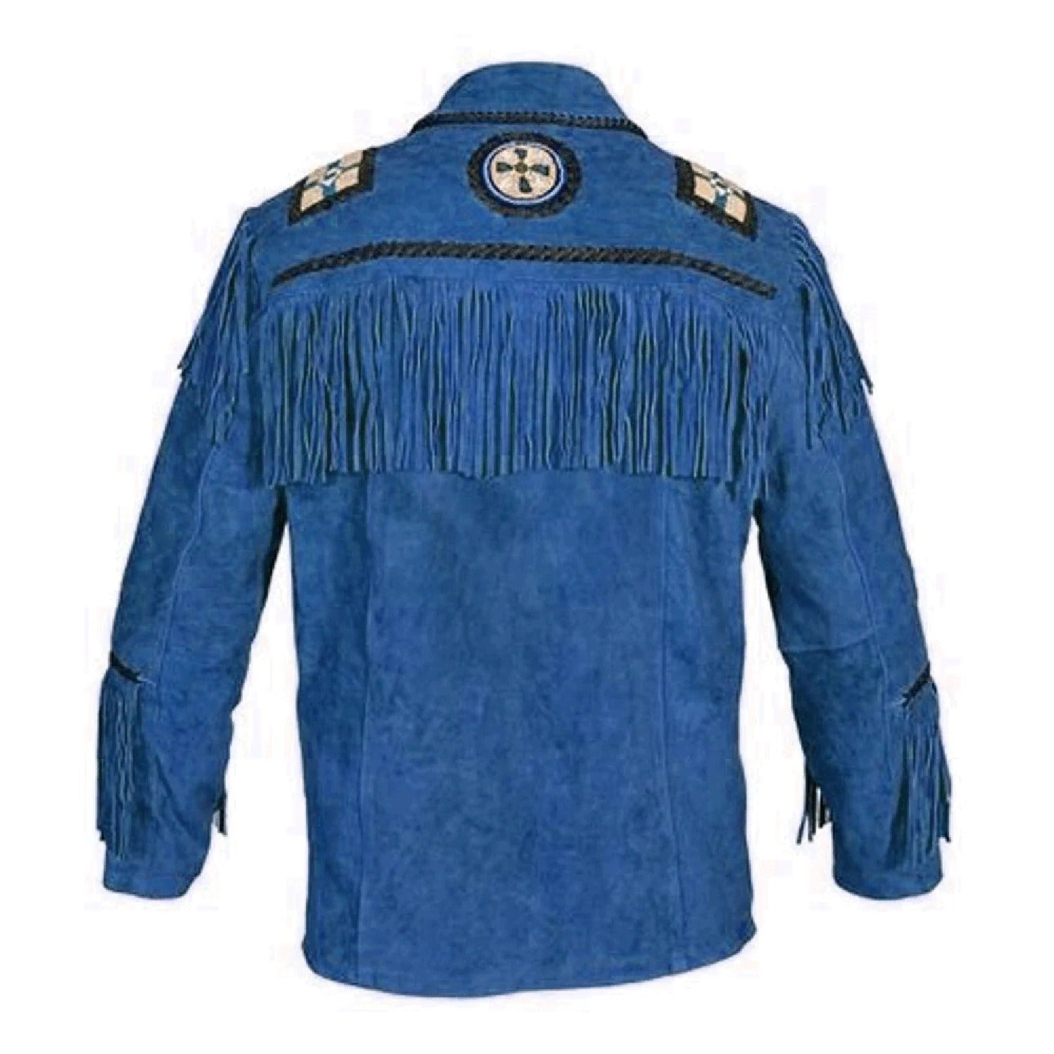 Detail shot showing the blue suede leather fringe jacket with beaded detailing