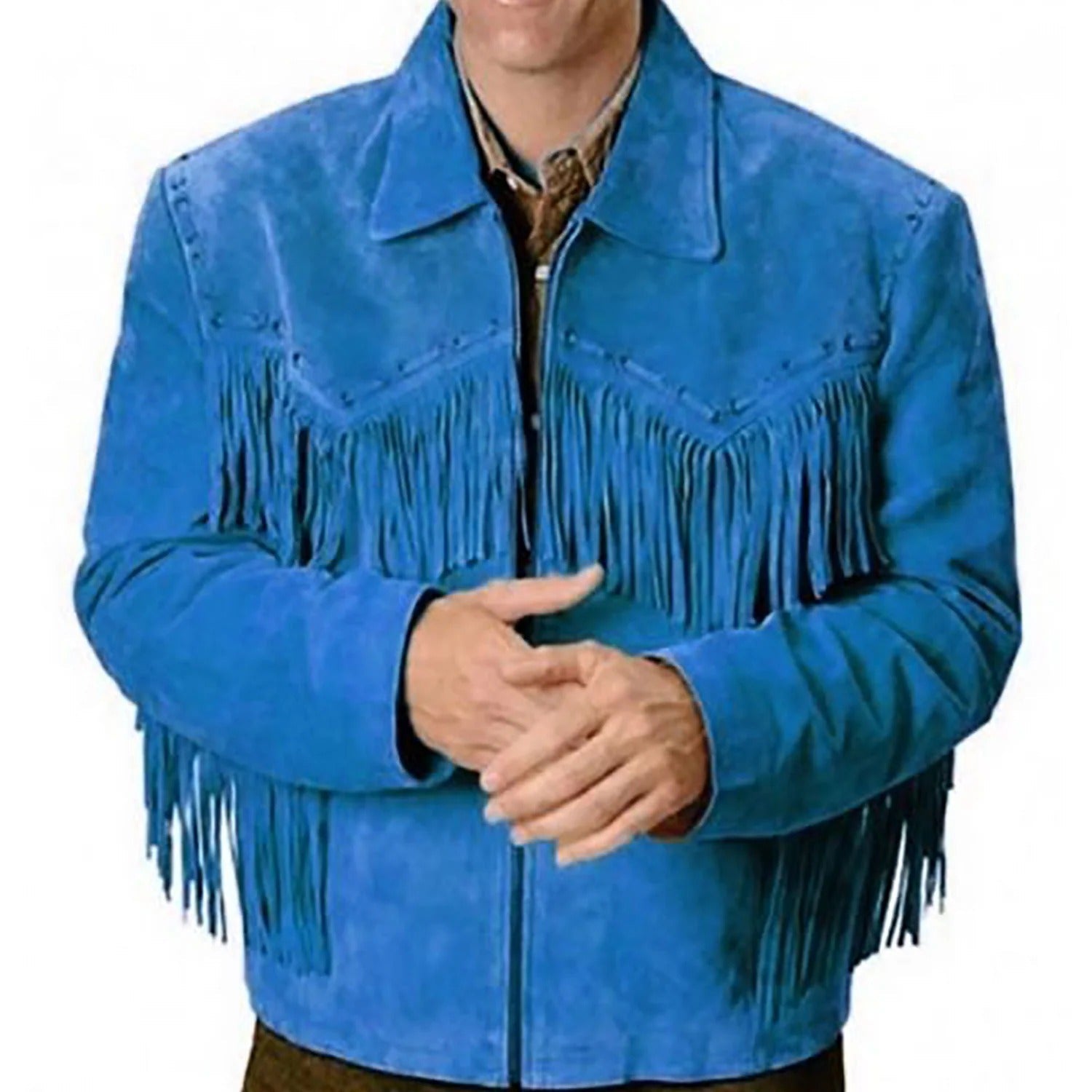 The blue suede leather fringe jacket, pictured worn and styled