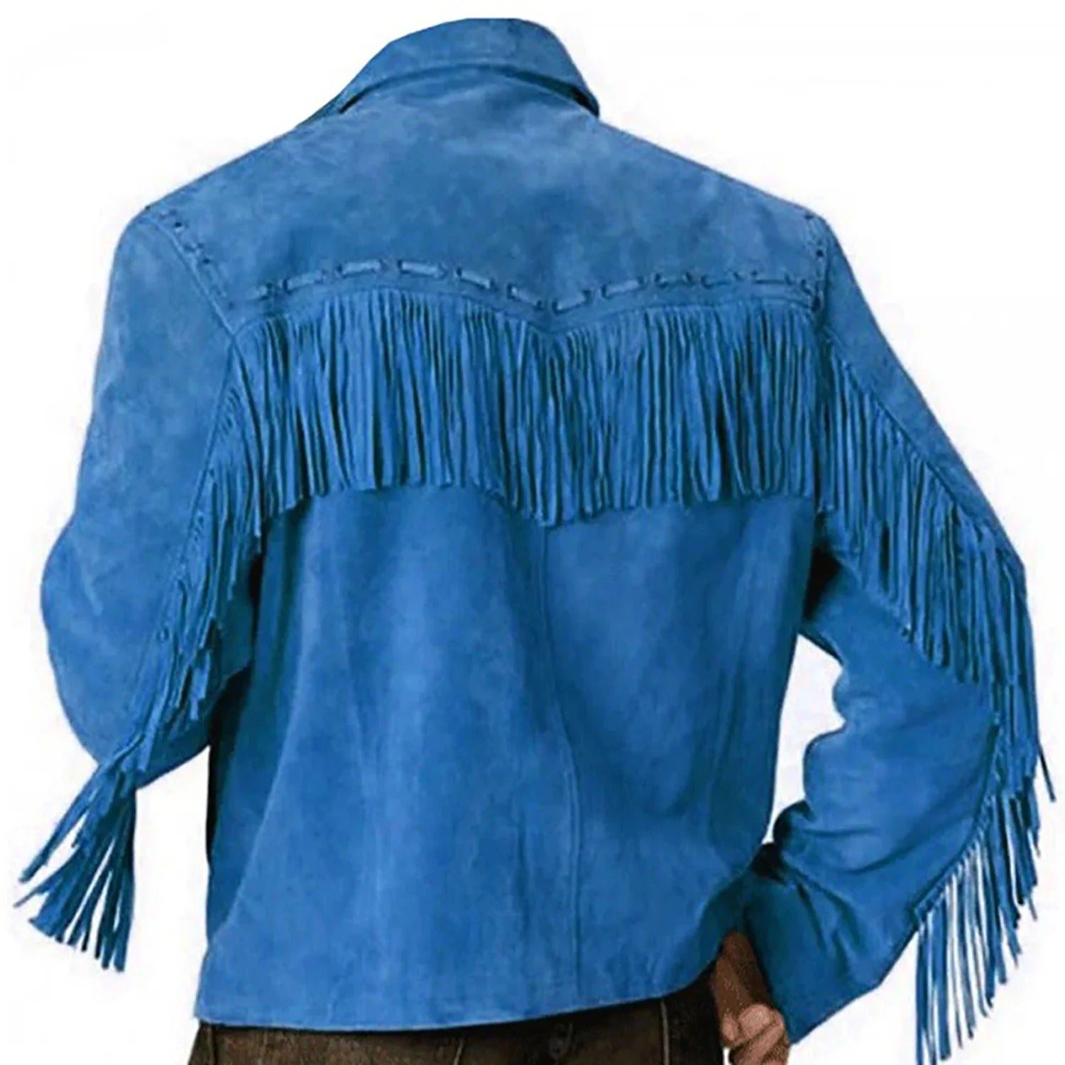 The blue suede leather fringe jacket, pictured in full display