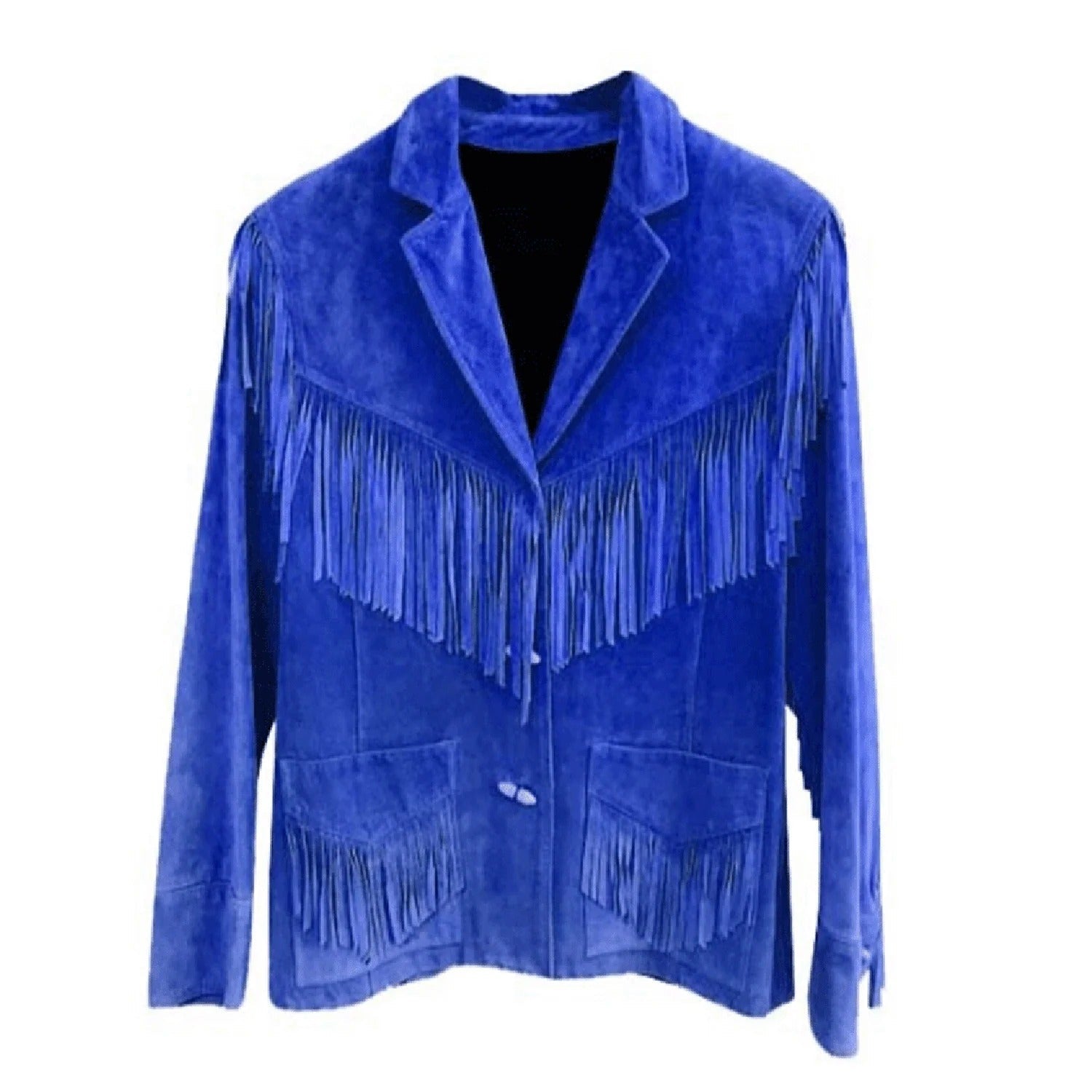 Blue suede leather fringe jacket, close-up detail