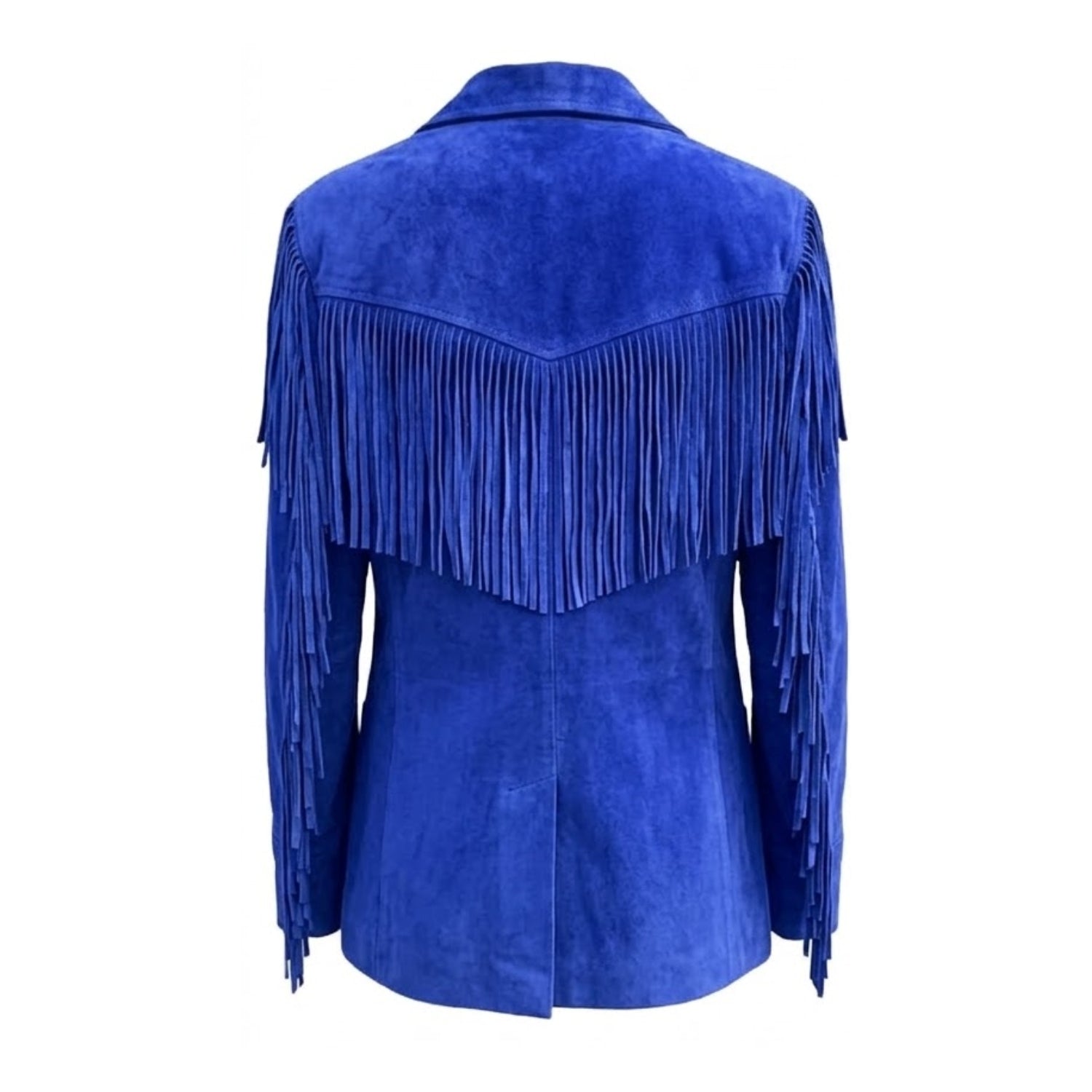 Blue suede leather fringe jacket, worn styled look