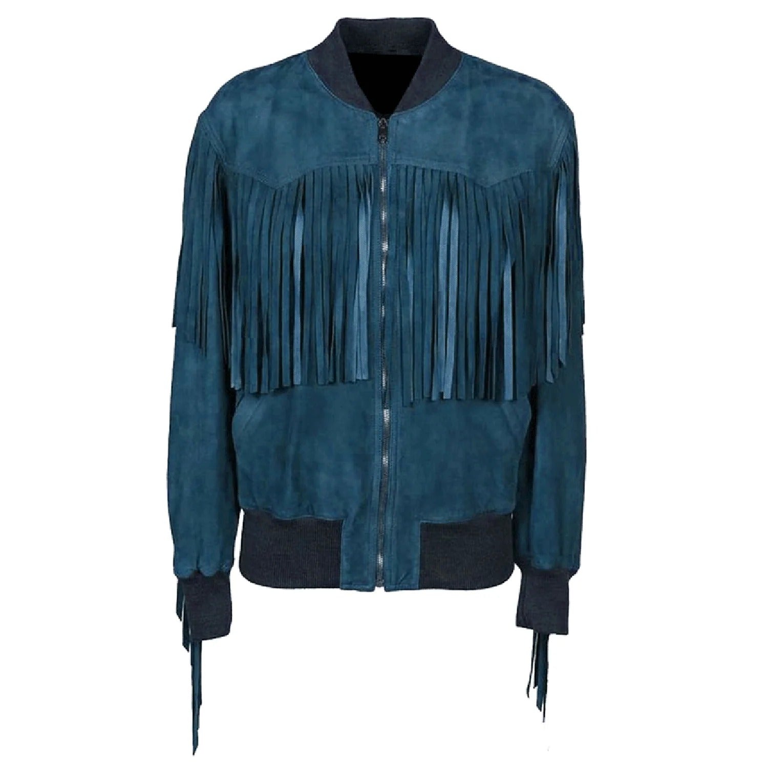 Back view of the blue suede leather fringe jacket for men