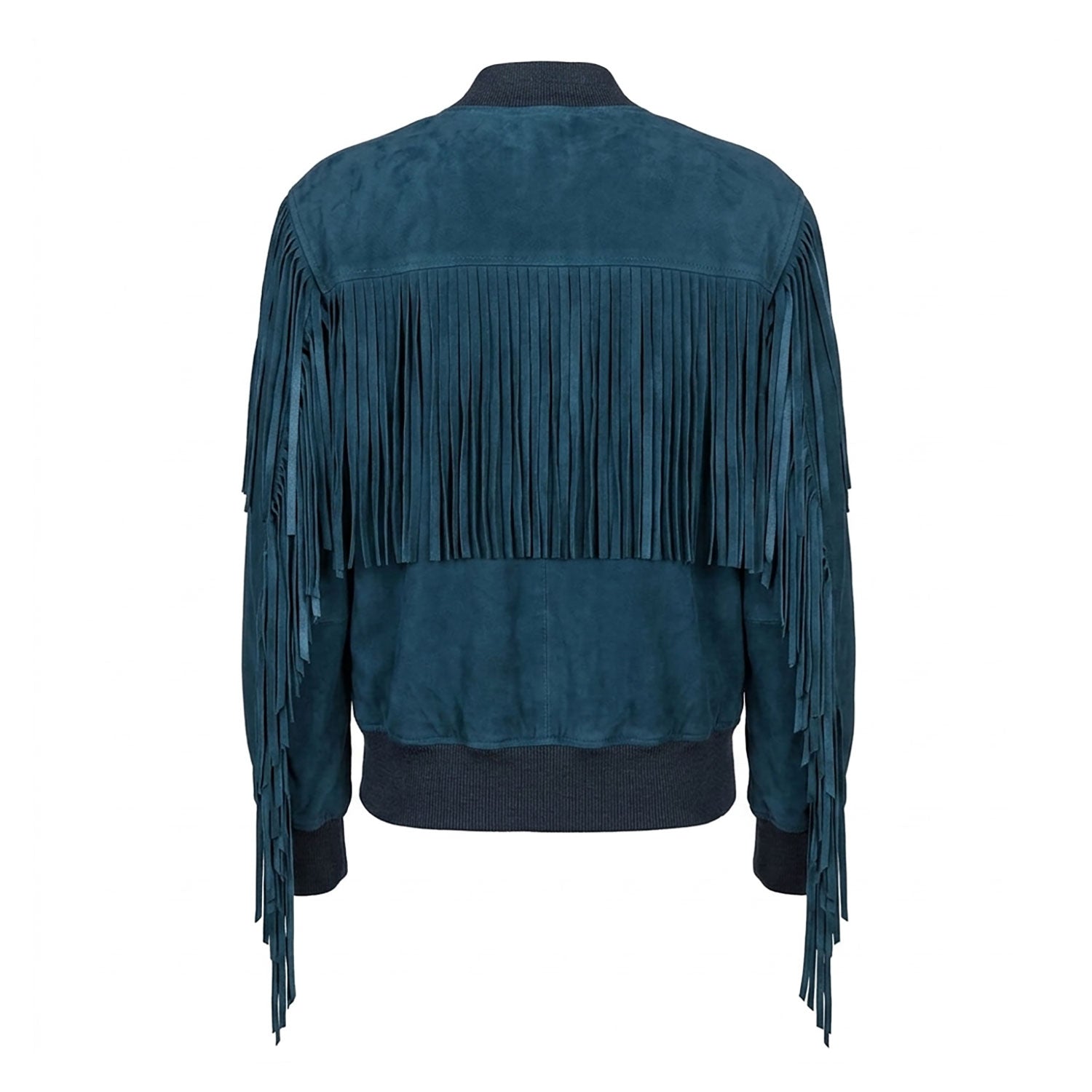 Close-up detail of the blue suede leather fringe jacket for men