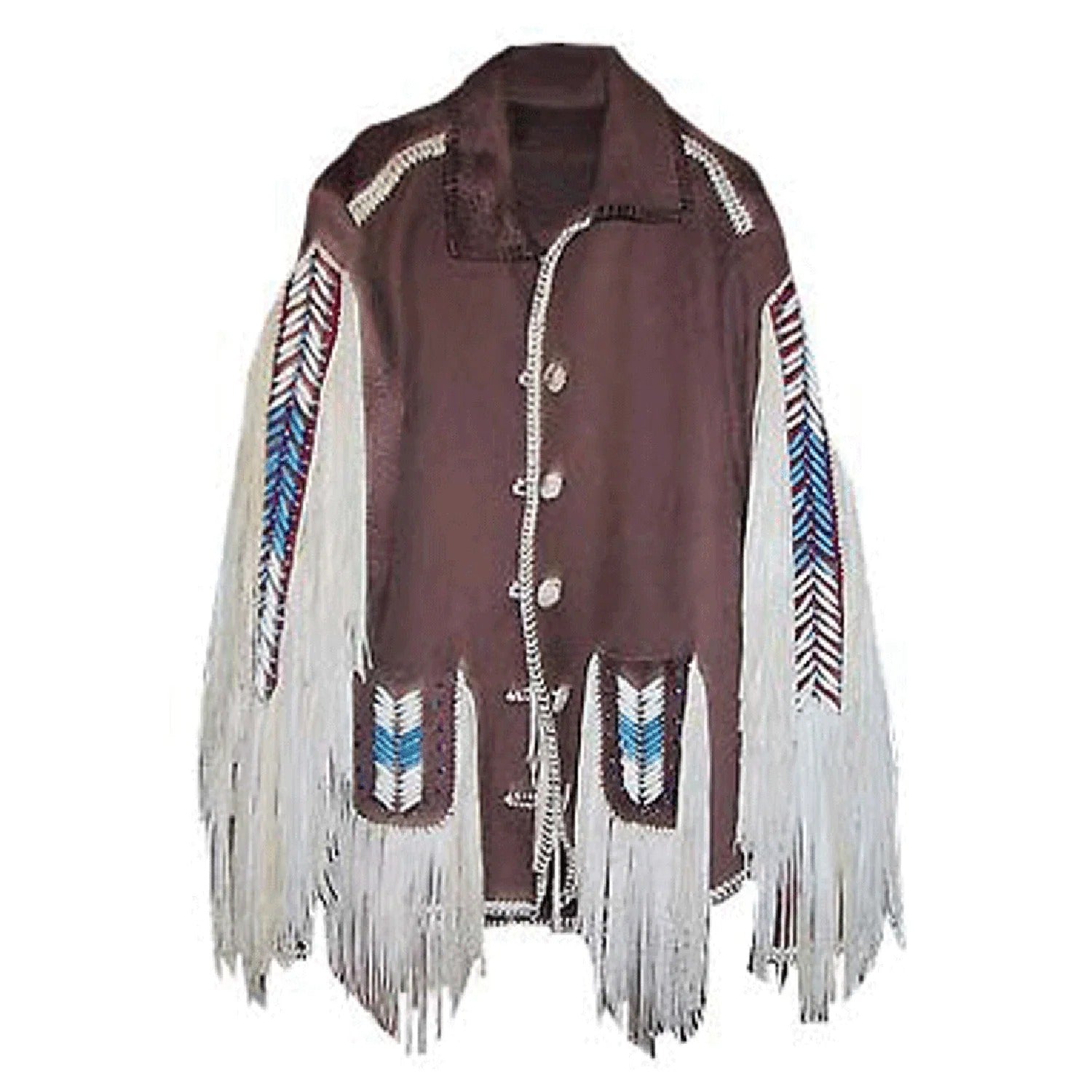 Brown leather fringe jacket with beaded detailing, detail shot