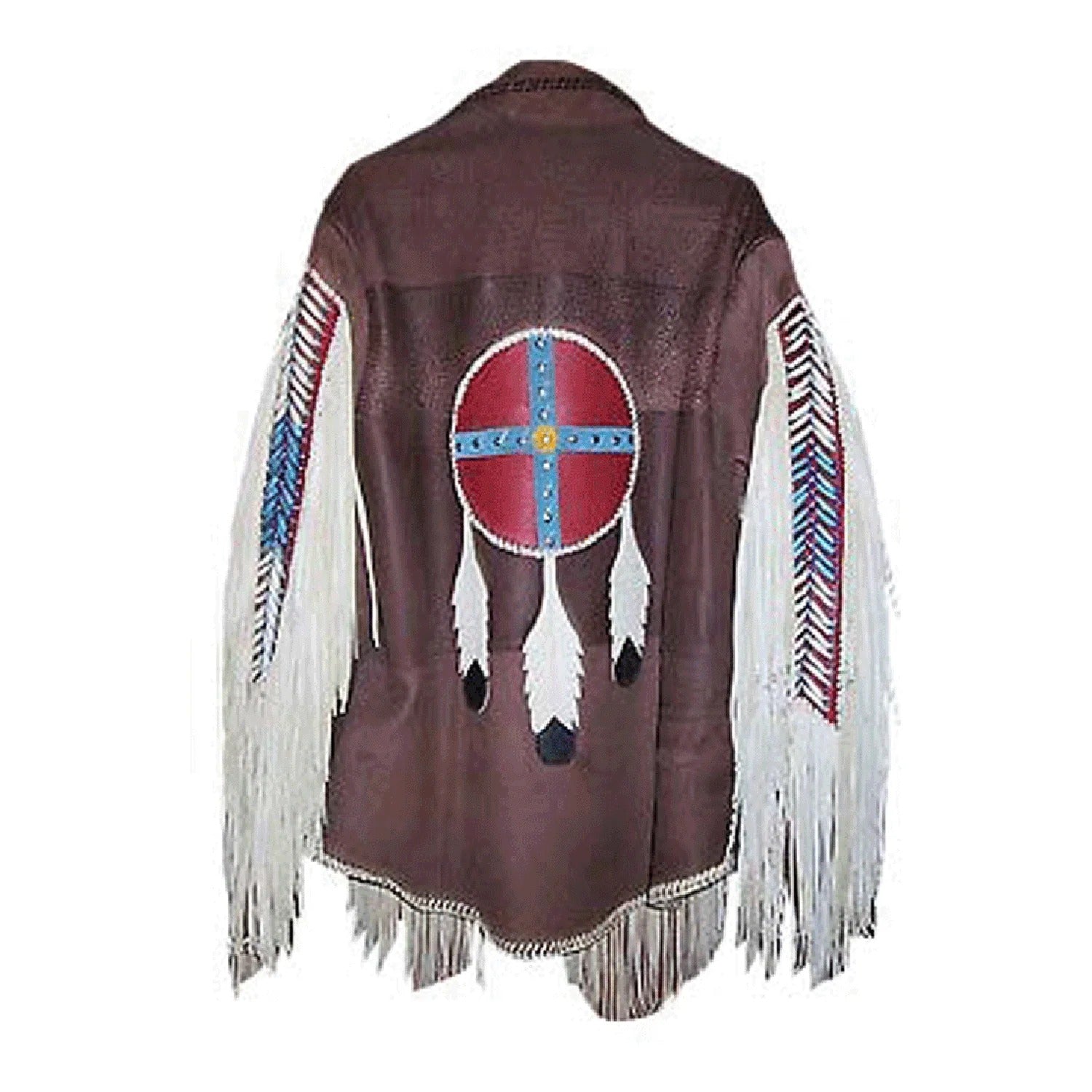 Brown leather fringe jacket with beaded detailing, front view