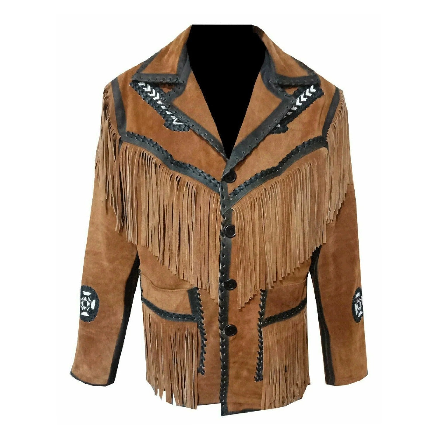The brown suede leather fringe jacket with arrow beadwork, pictured in close-up
