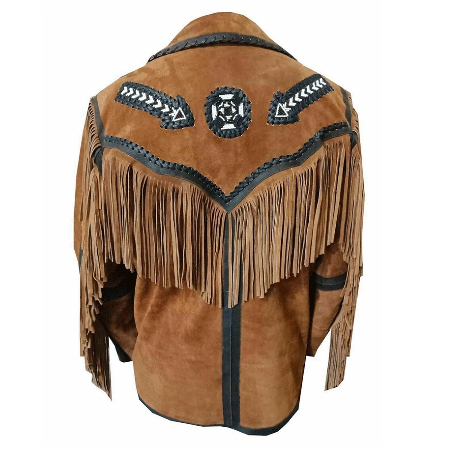 The brown suede leather fringe jacket with arrow beadwork, pictured worn and styled