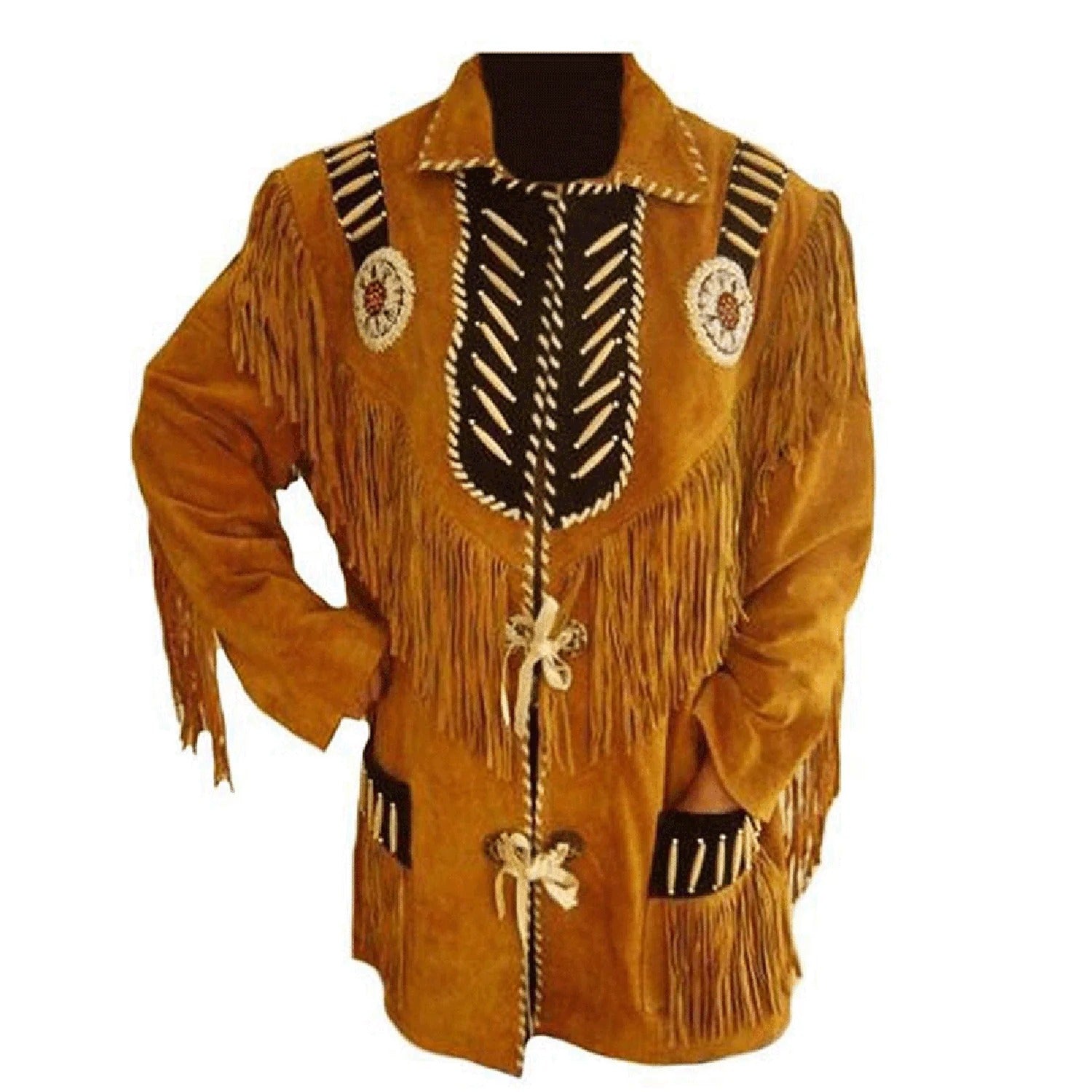 Front View of the brown suede leather fringe jacket for men