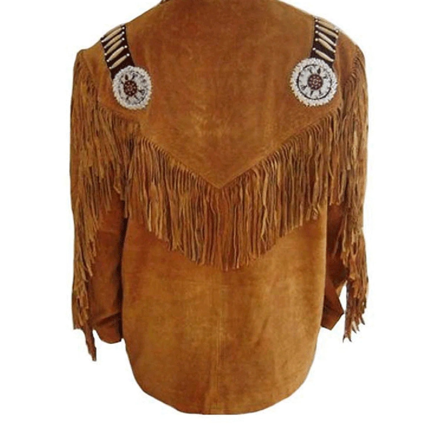 Back View of the brown suede leather fringe jacket for men