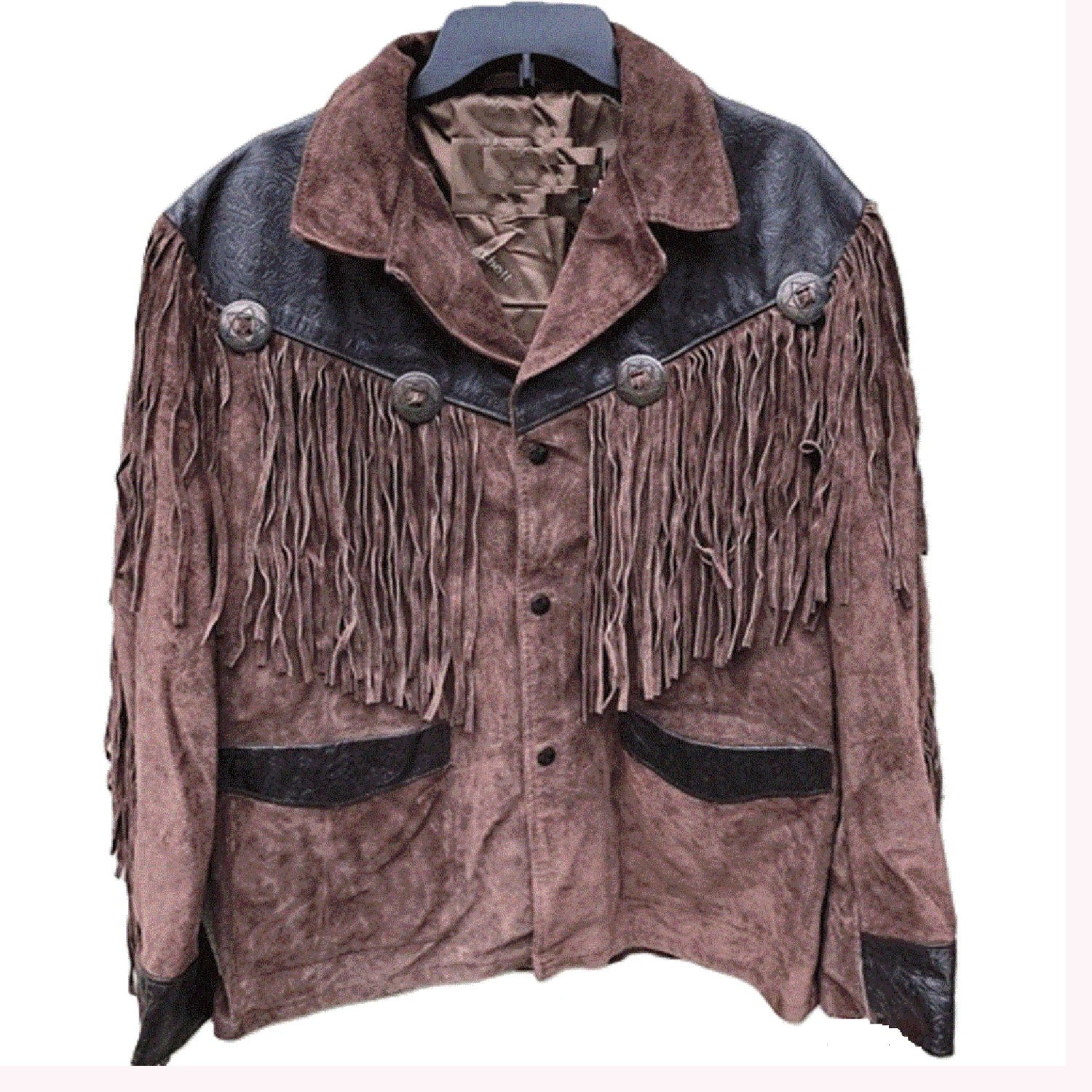 Front View of the brown suede leather fringe jacket for men