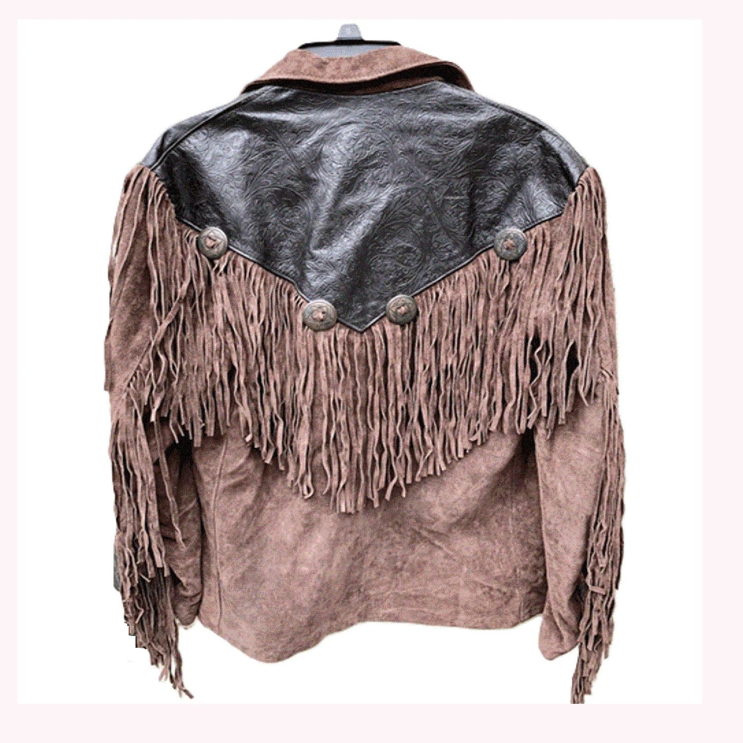 Back View of the brown suede leather fringe jacket for men
