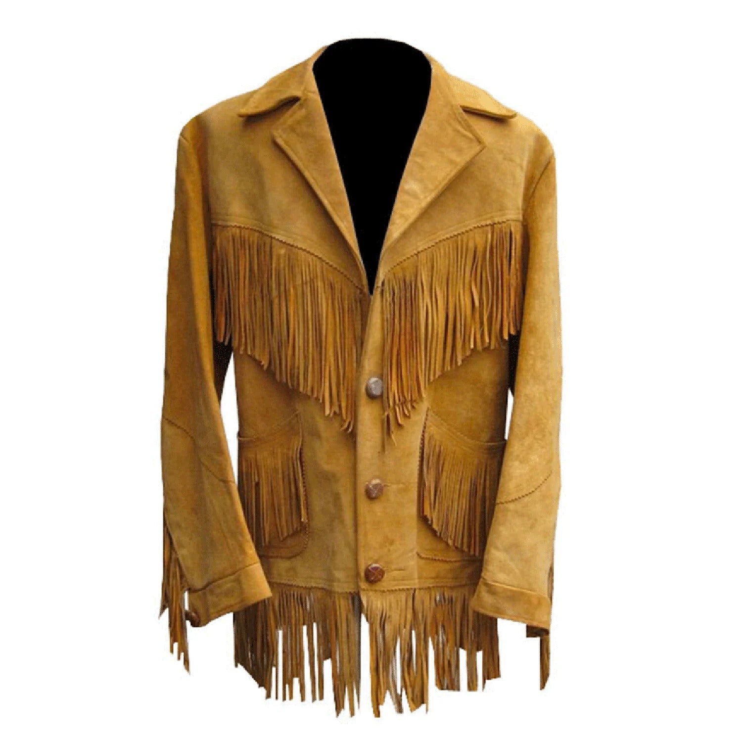 Front View of the brown suede leather fringe jacket for men