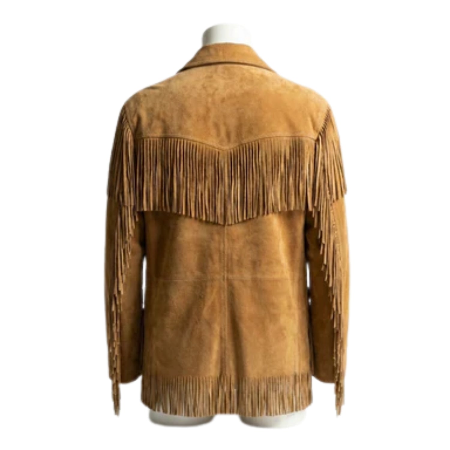 Back View of the brown suede leather fringe jacket for men