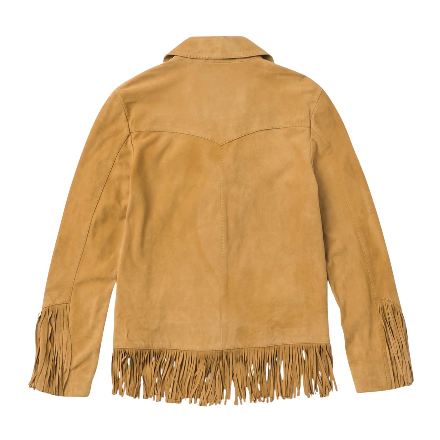 Back View of the brown suede leather fringe jacket for men