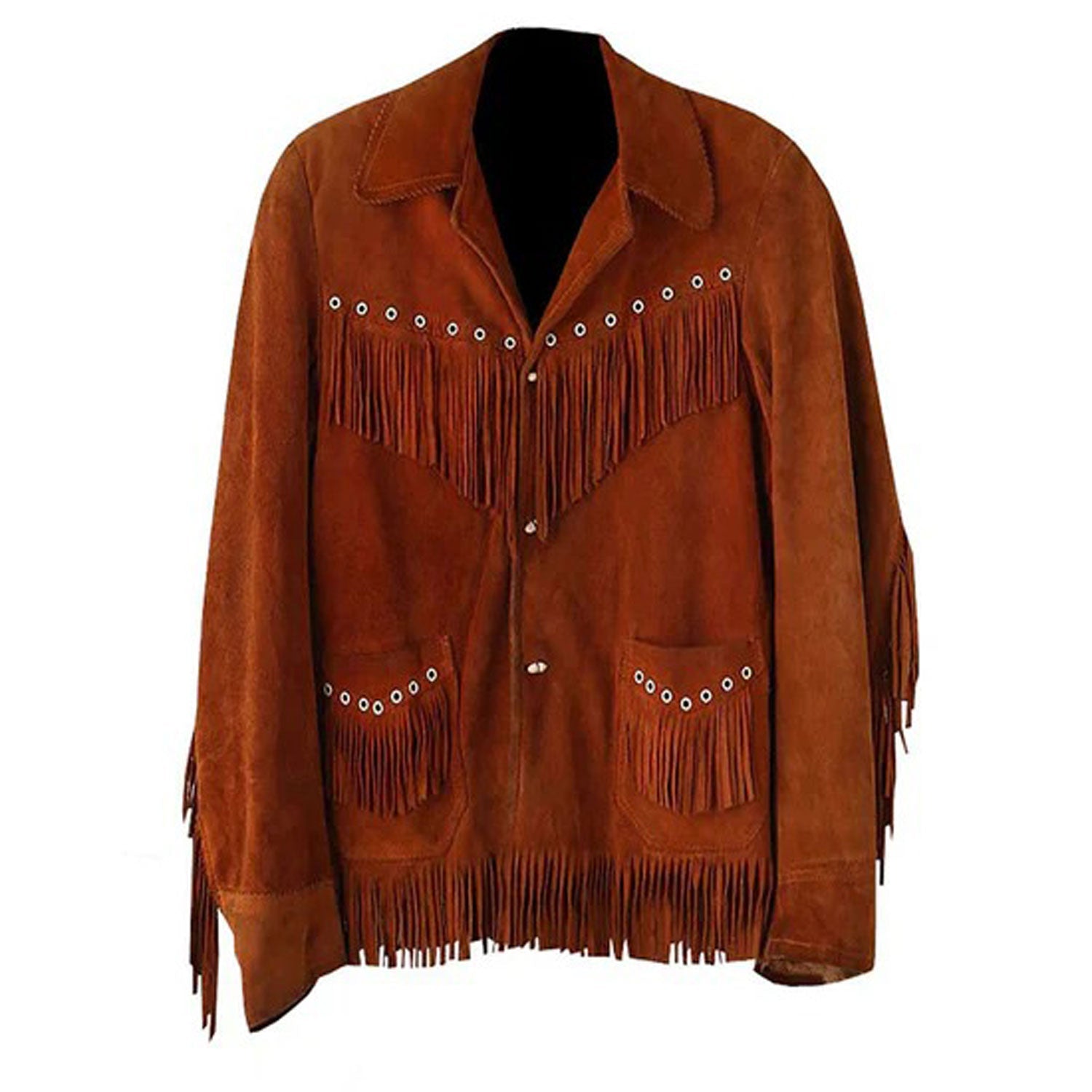 Front View of the brown suede leather fringe jacket for men