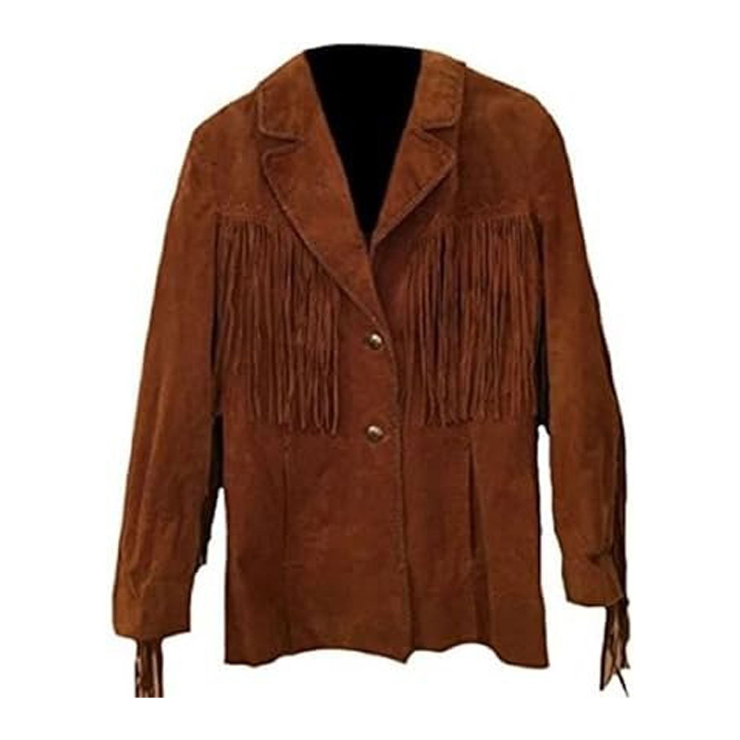 Front View of the brown suede leather fringe jacket for men