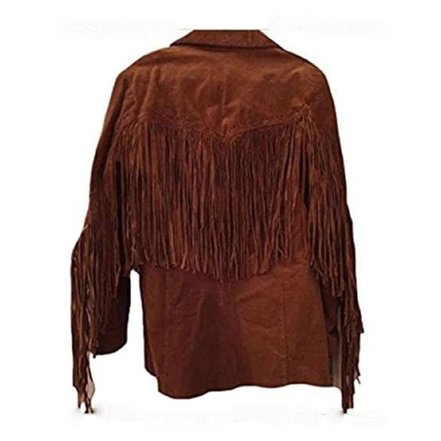Back View of the brown suede leather fringe jacket for men