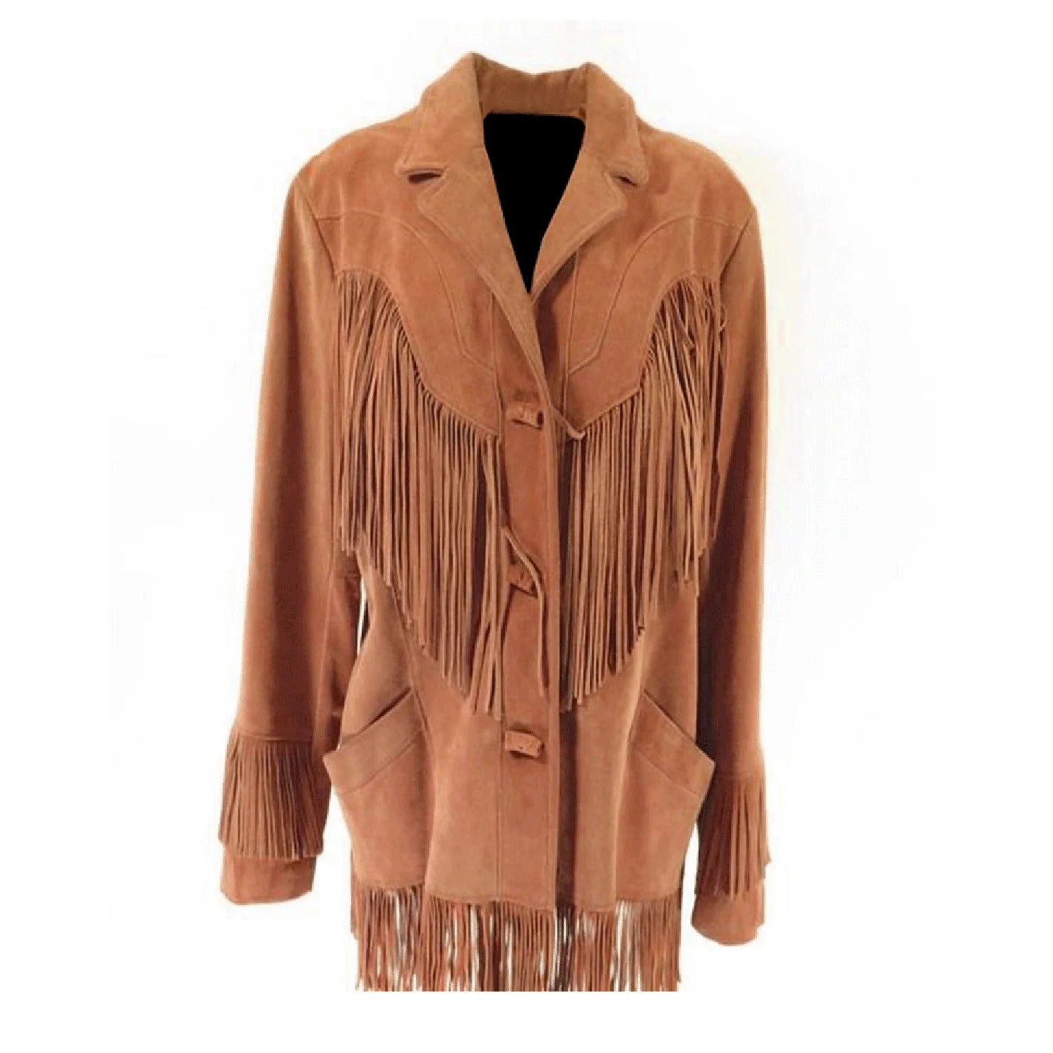 Front View of the brown suede leather fringe jacket for men