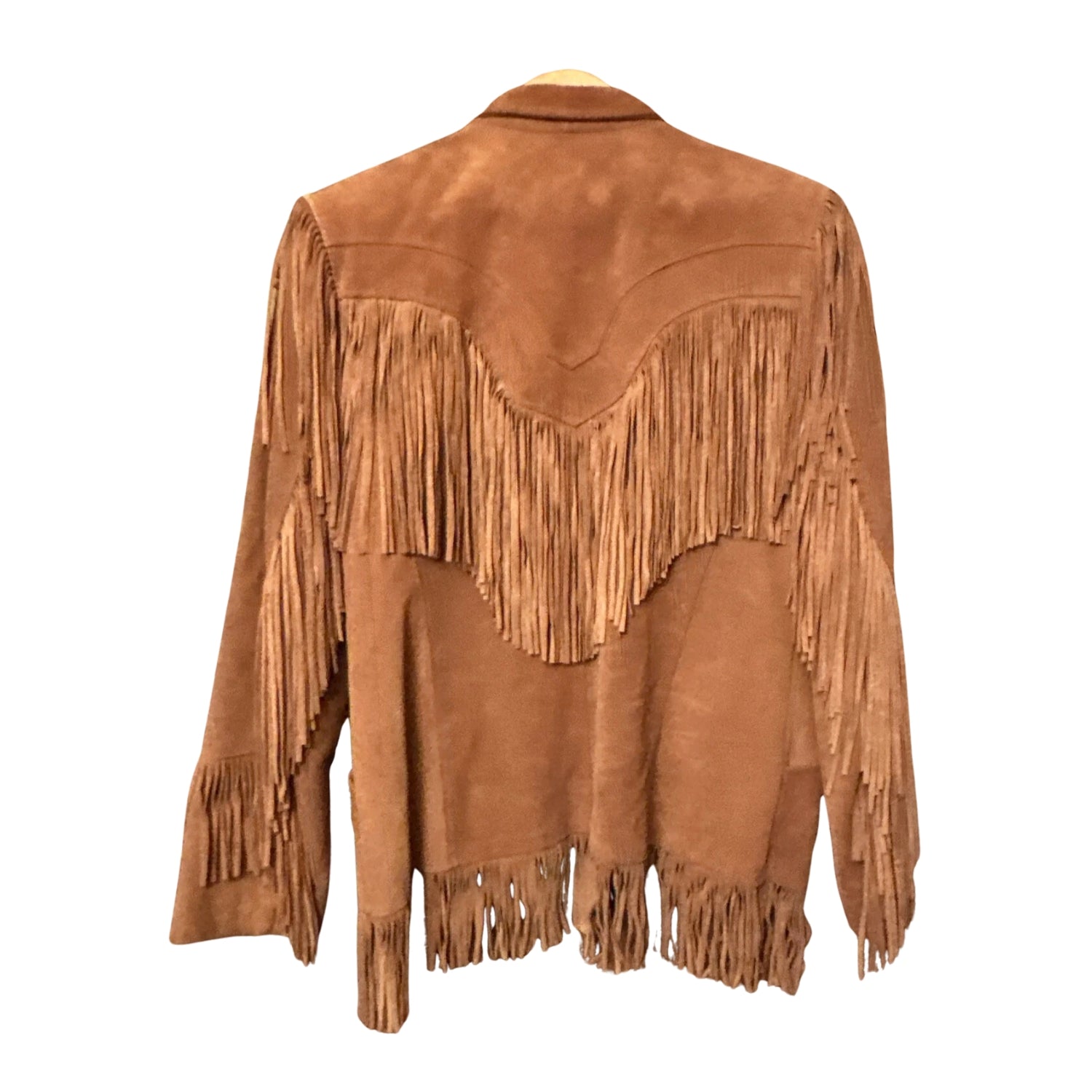 Back View of the brown suede leather fringe jacket for men