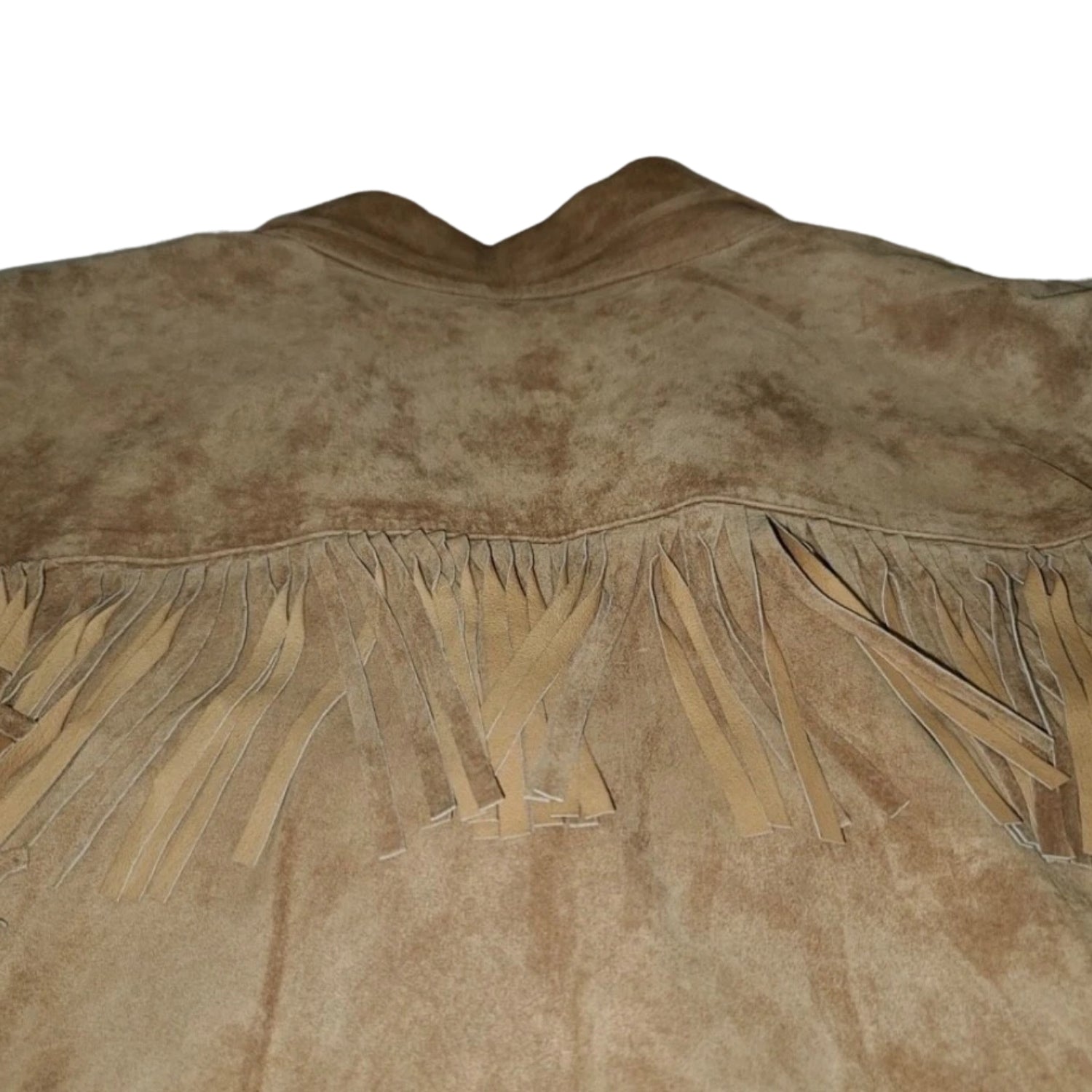 Back Closeup View of the brown suede leather fringe jacket for men