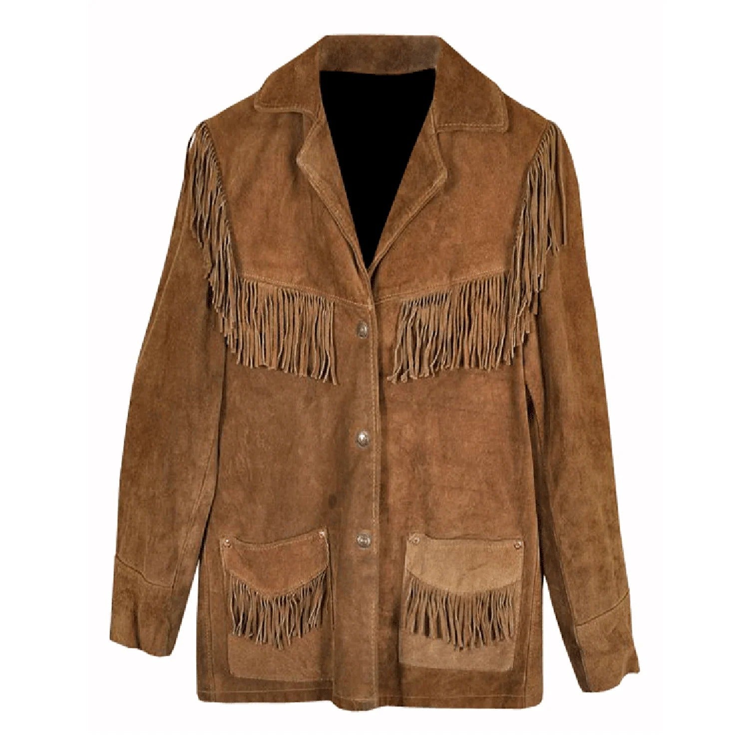 Front View of the brown suede leather fringe jacket for men