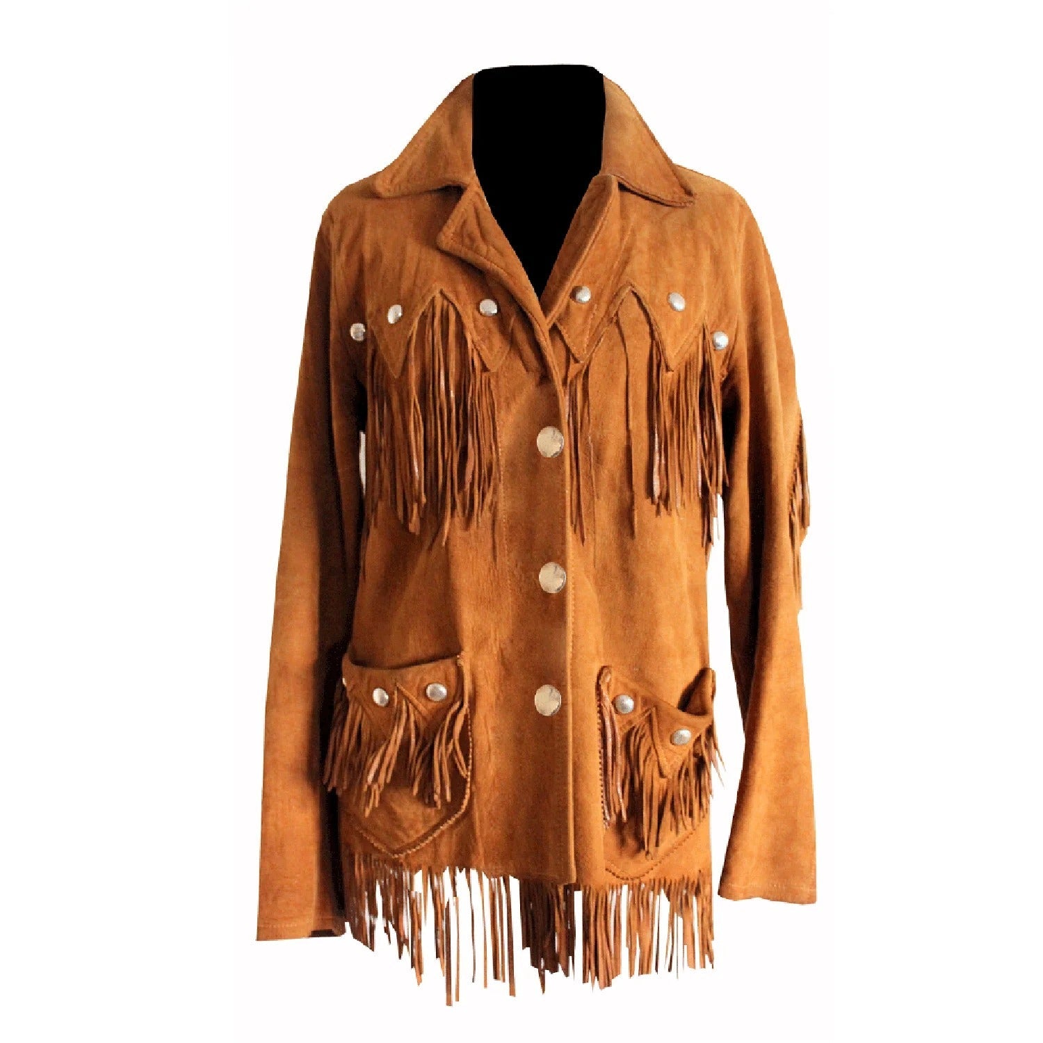 Front View of the brown suede leather fringe jacket for men