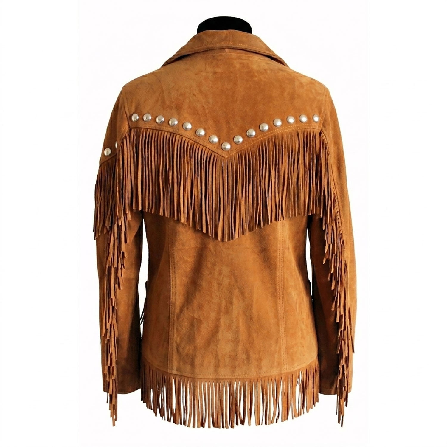 Back View of the brown suede leather fringe jacket for men