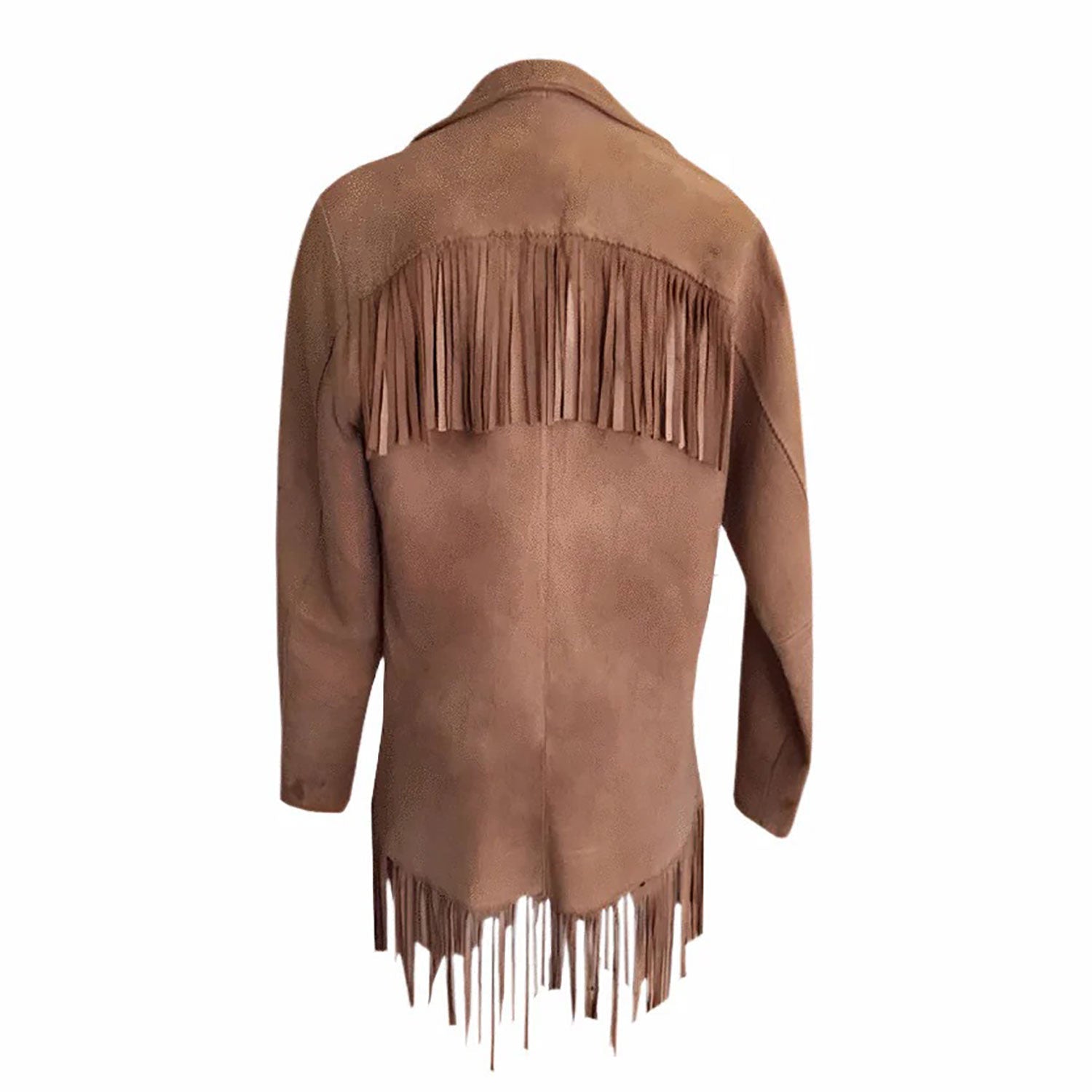 Back View of the brown suede leather fringe jacket for men