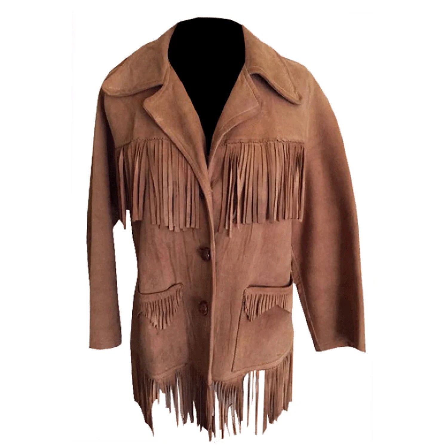 Front View of the brown suede leather fringe jacket for men