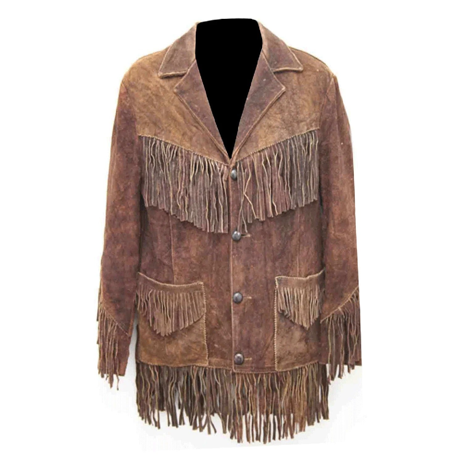 Front View of the brown suede leather fringe jacket for men