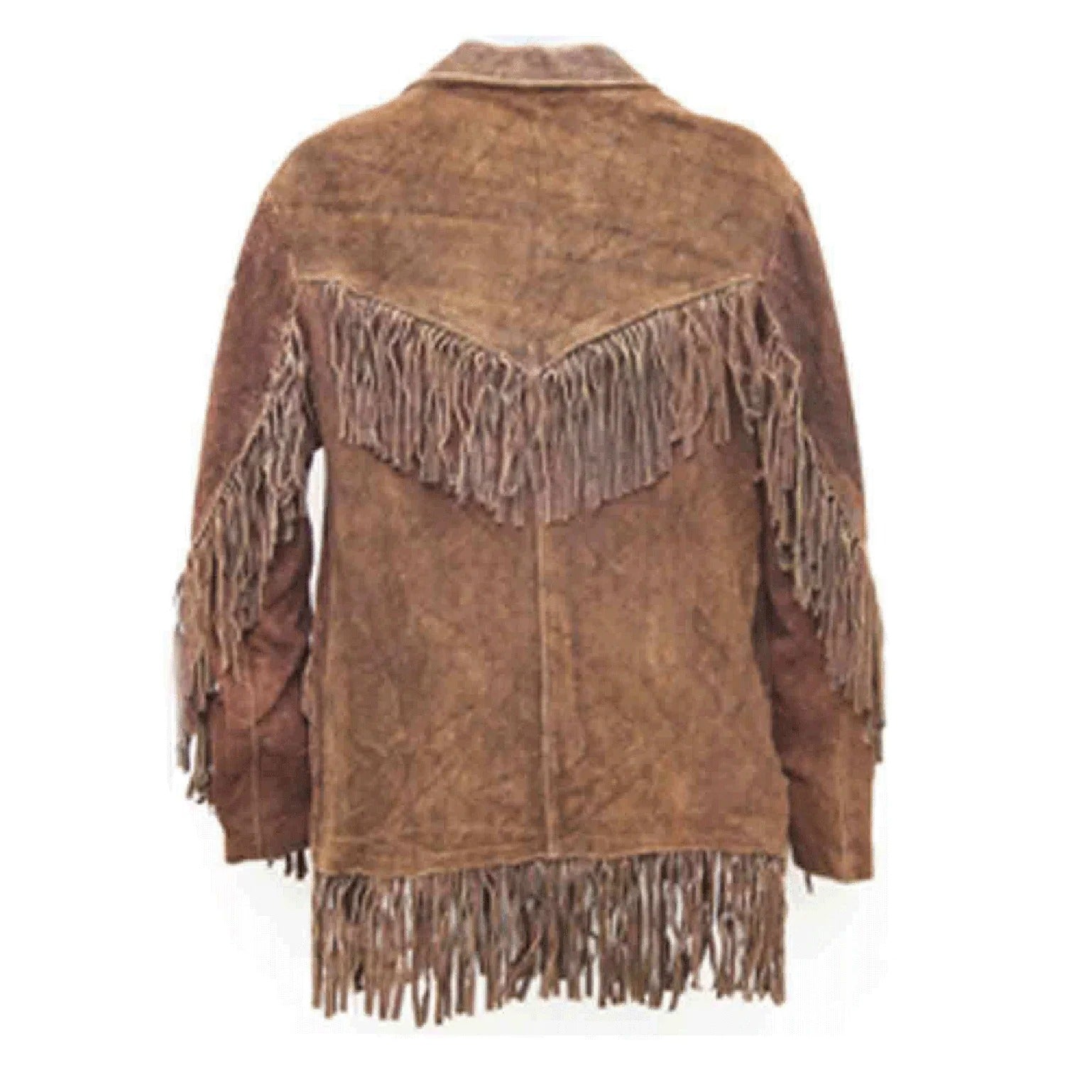 Back View of the brown suede leather fringe jacket for men