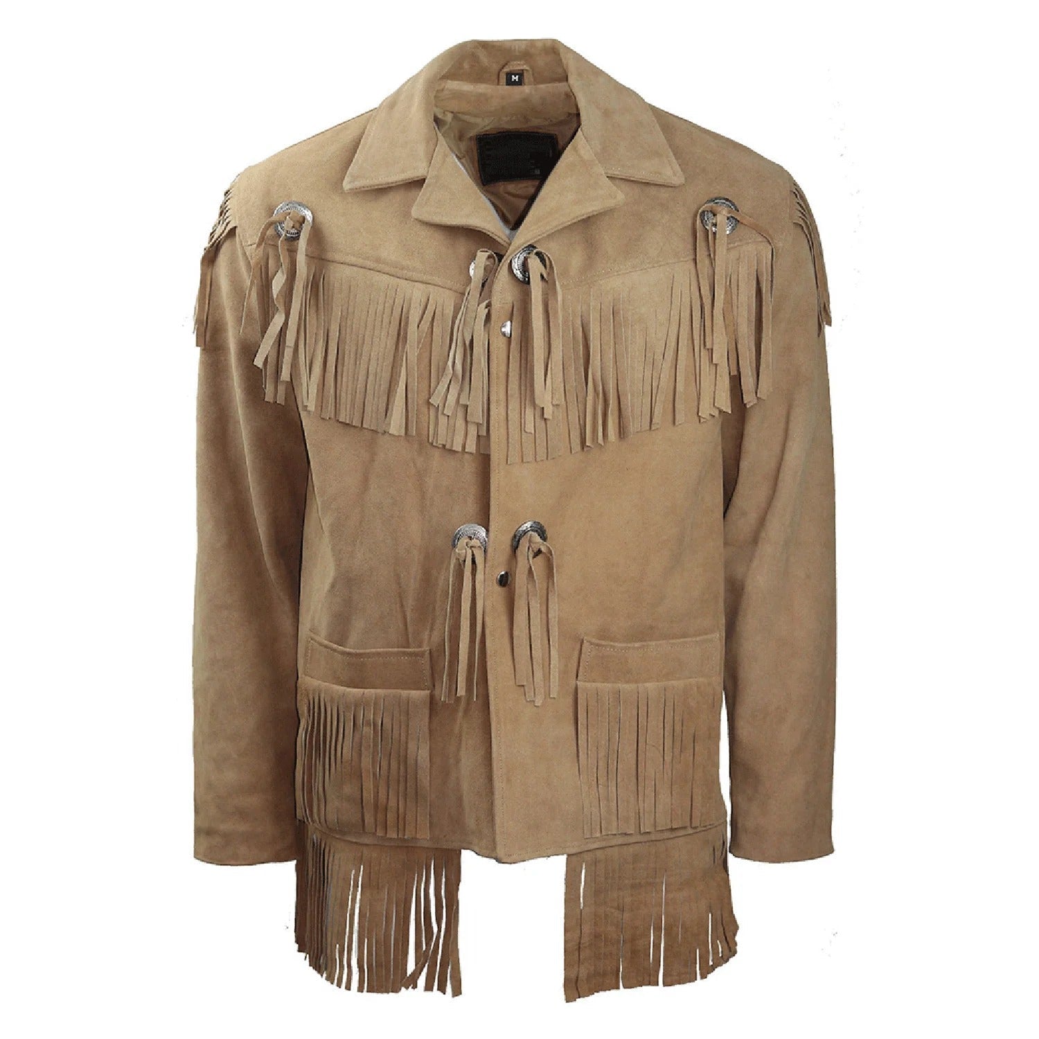 Front view of the beige suede leather fringe jacket for men
