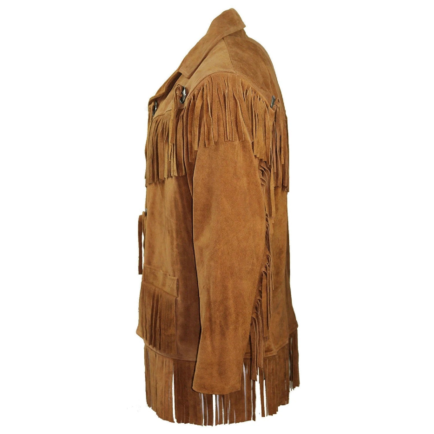 Side view of the brown suede leather fringe jacket for men