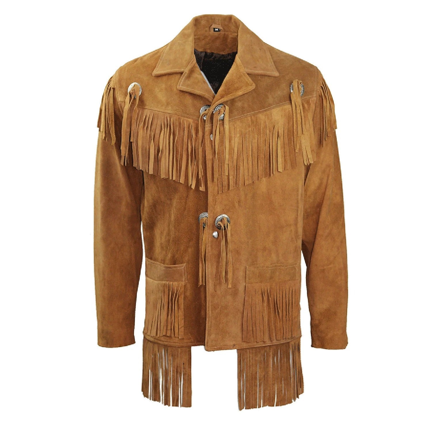 Front view of the brown suede leather fringe jacket for men