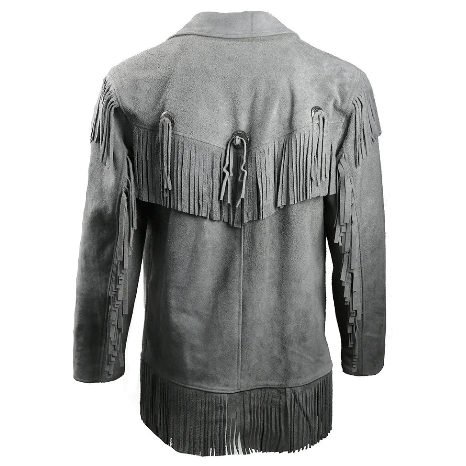 Back view of the gray suede leather fringe jacket for men