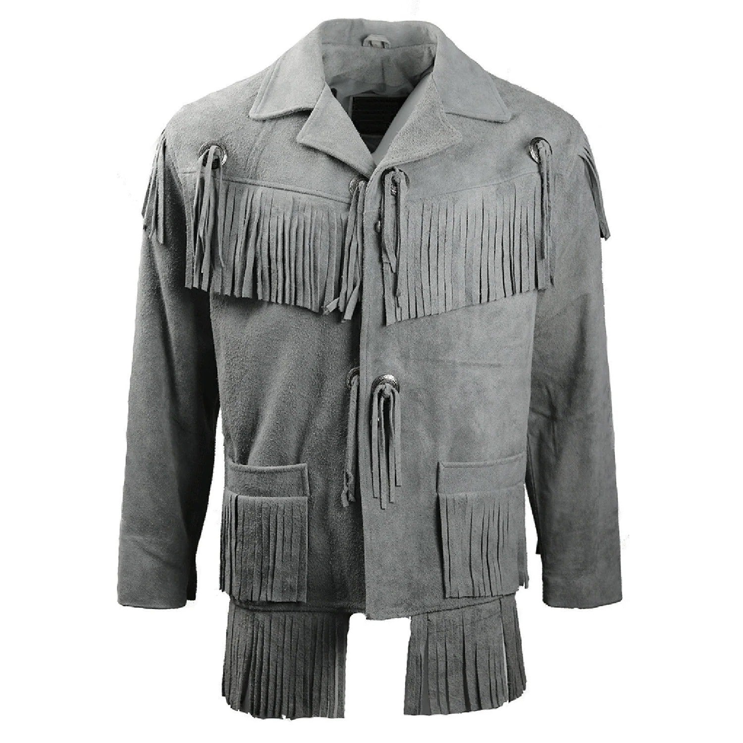 Front view of the gray suede leather fringe jacket for men