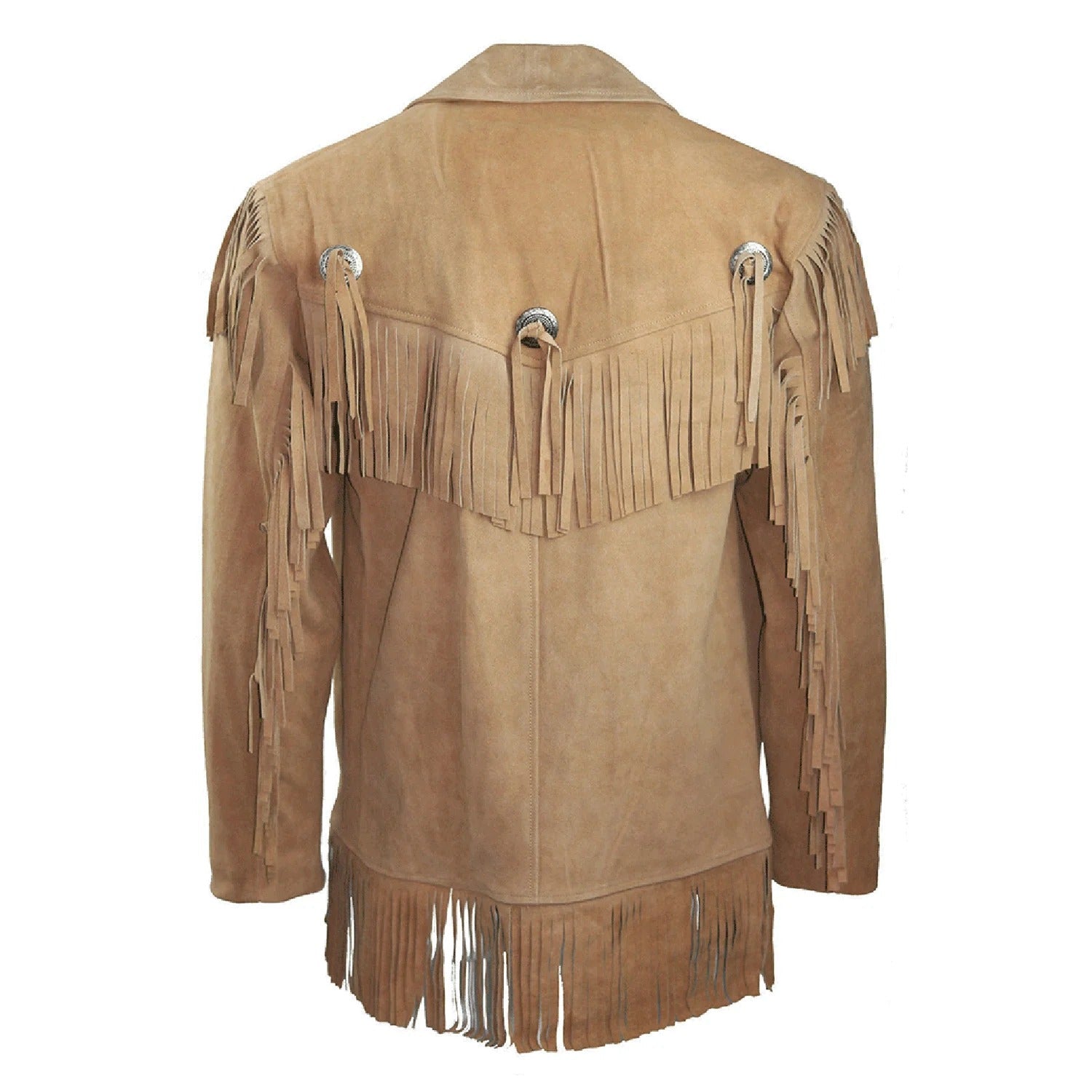 Back View of the beige suede leather fringe jacket for men