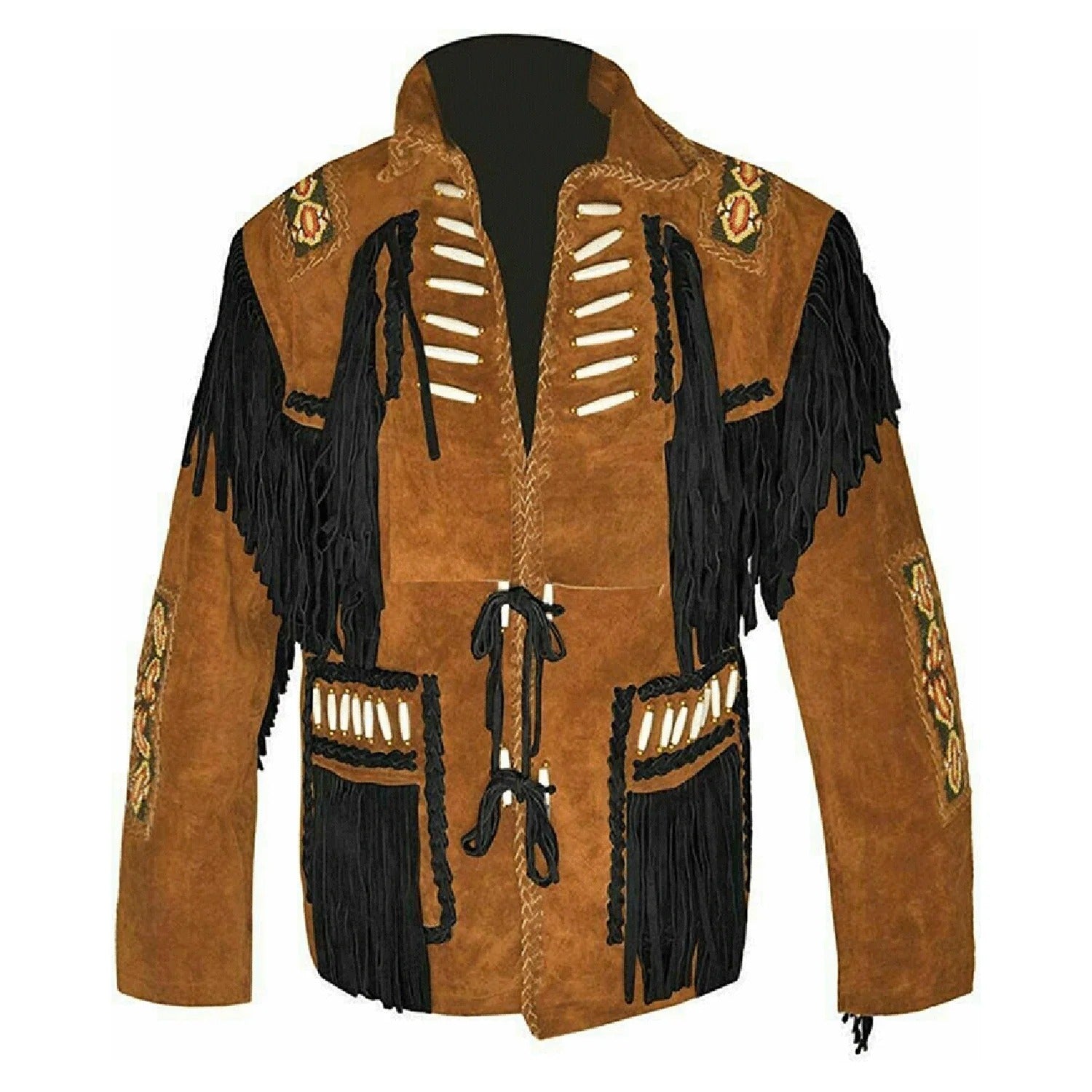 Front view of the brown suede leather fringe jacket for men