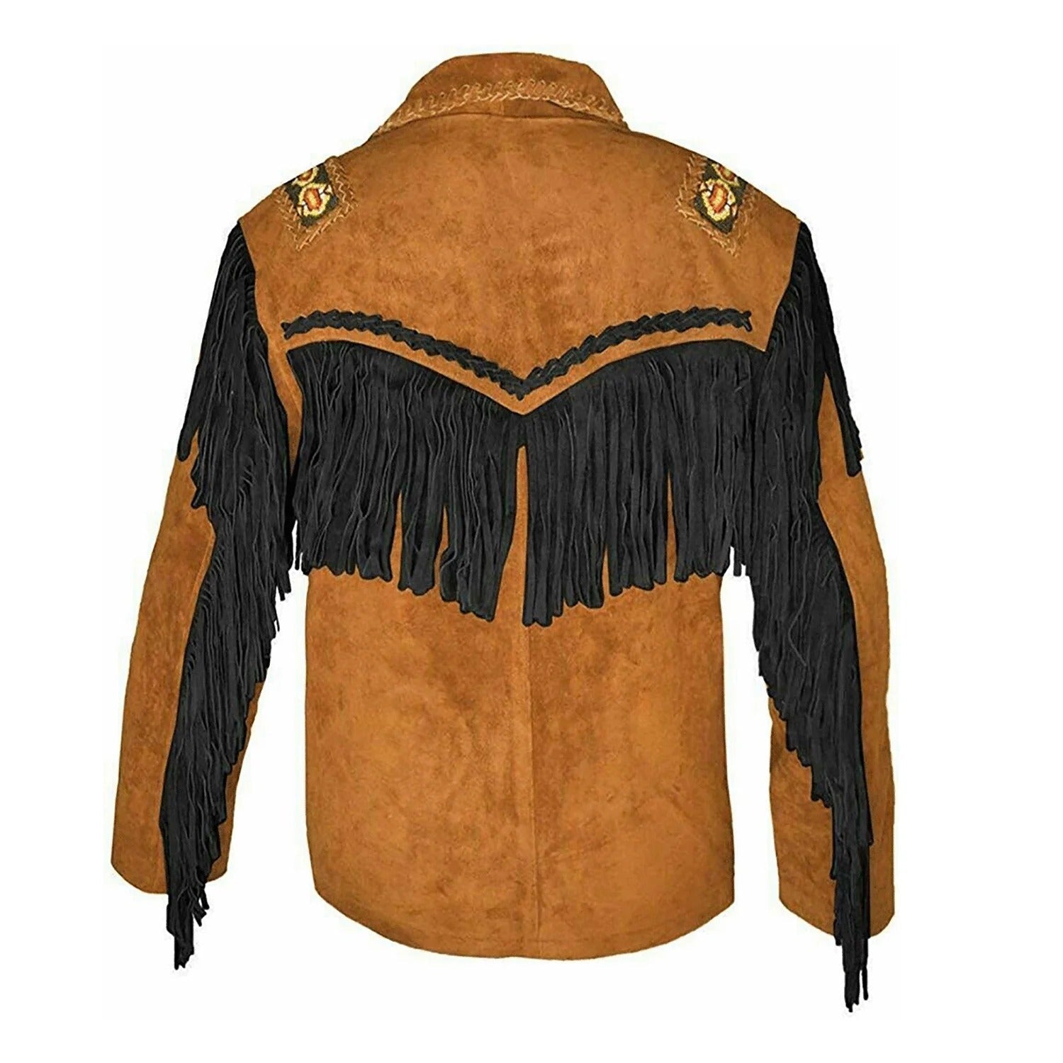 Back view of the brown suede leather fringe jacket for men