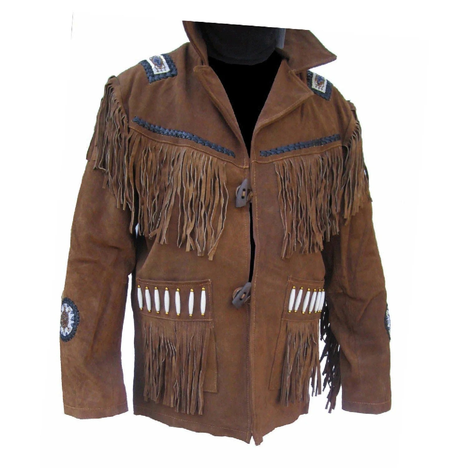 Front view of the brown suede leather fringe jacket for men
