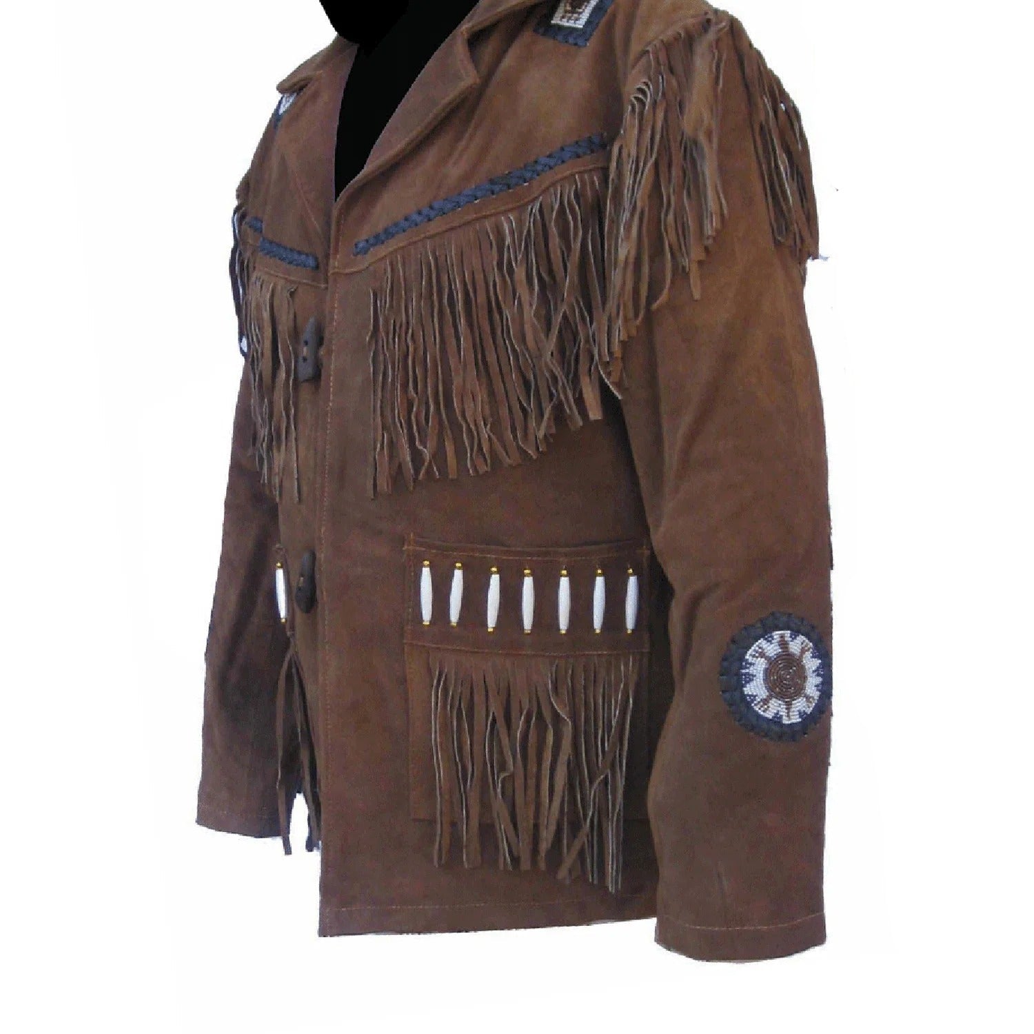 Side View of the brown suede leather fringe jacket for men
